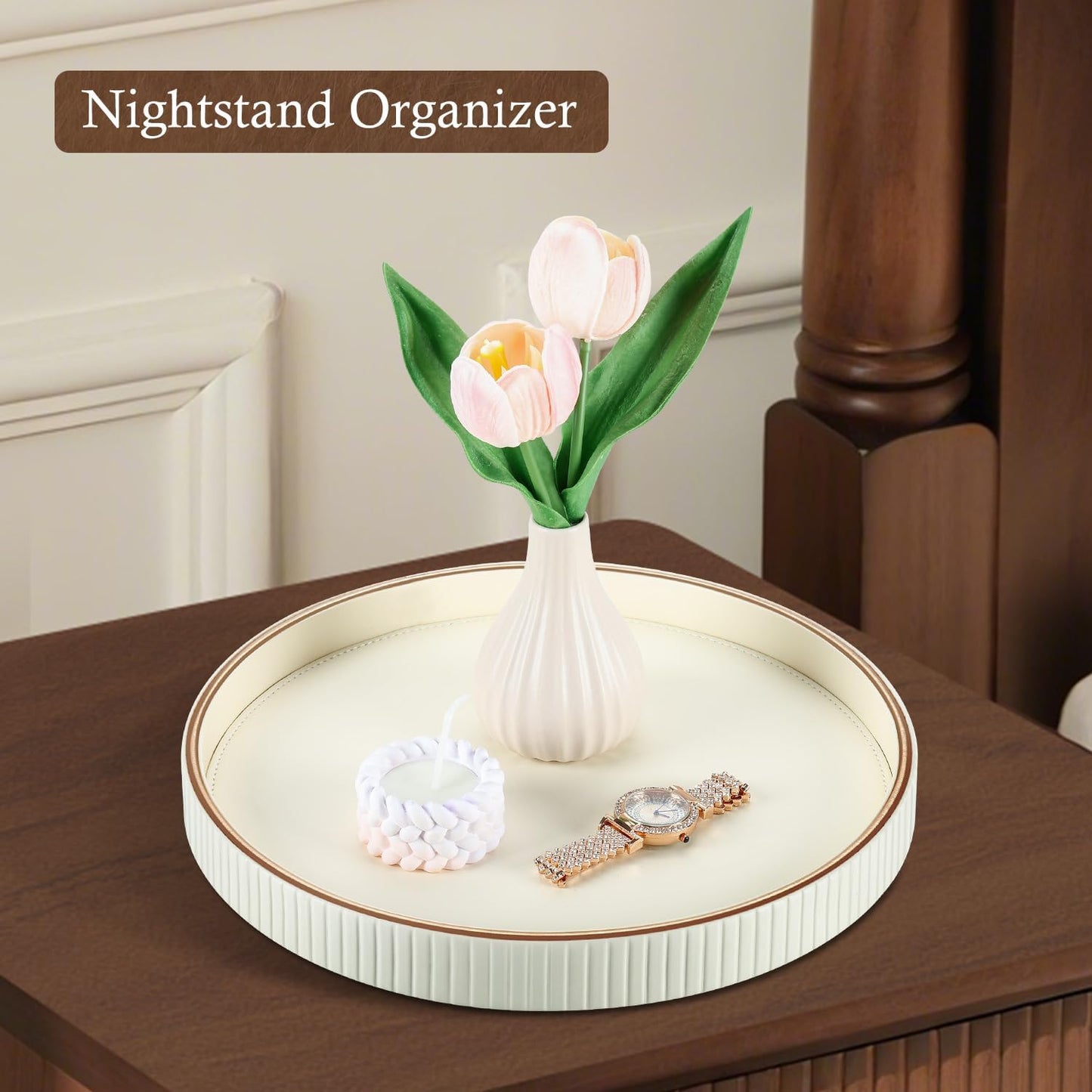PU Leather Compact Table Tray / Cream White