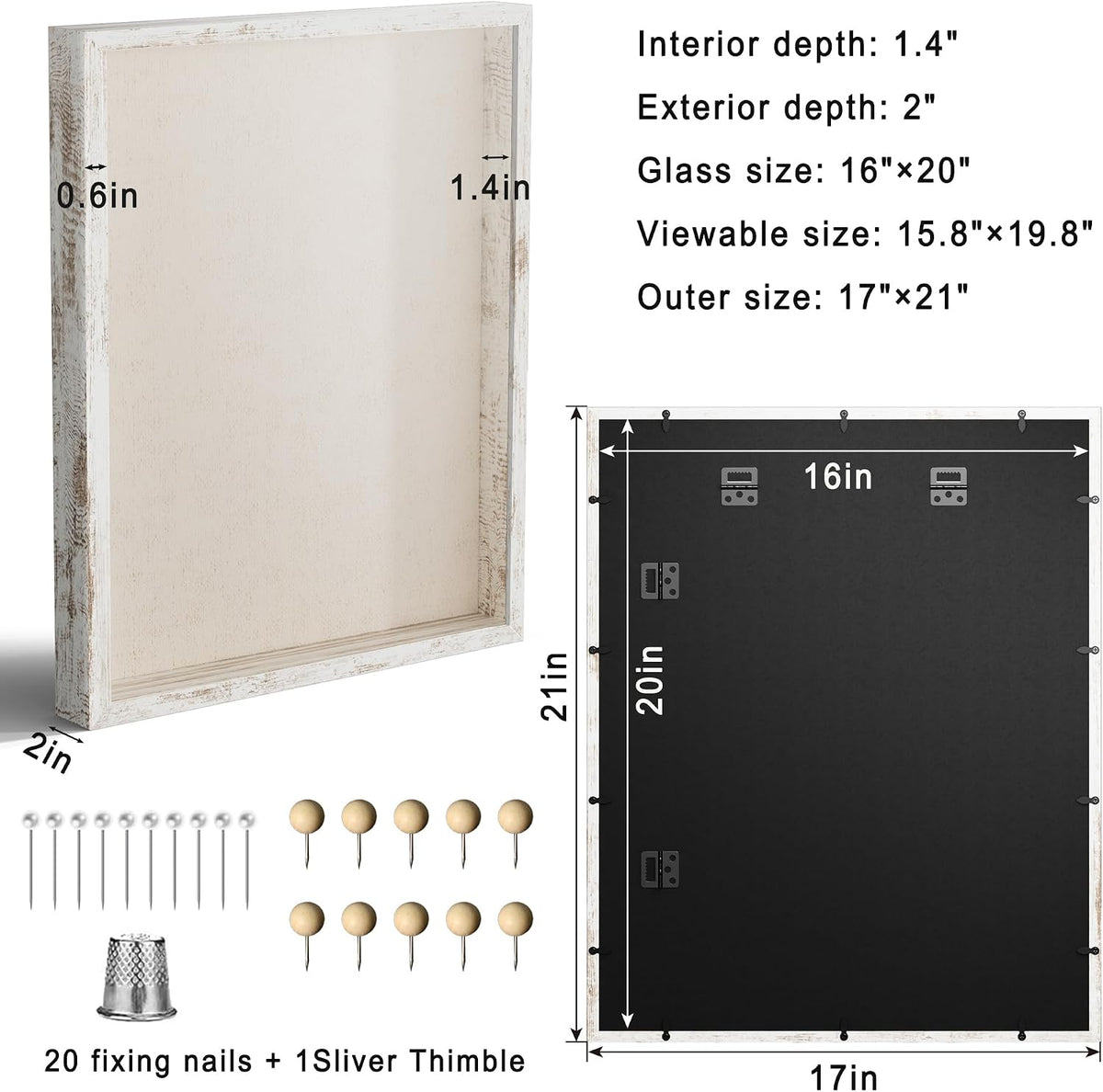 16x20 Large Shadow Box Picture Frame with Soft Linen Back, Distressed White Wooden Jersey Frame Memory Display Case