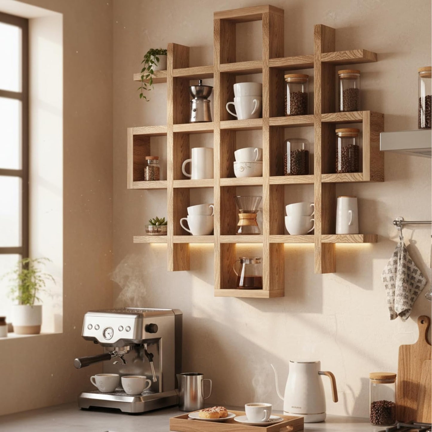 Suzile Mug Display Shelf Wall Mounted,Grid Size 5.1x5.1x3in,Wood Color | Rustic Wood Floating Shadow Box for Coffee