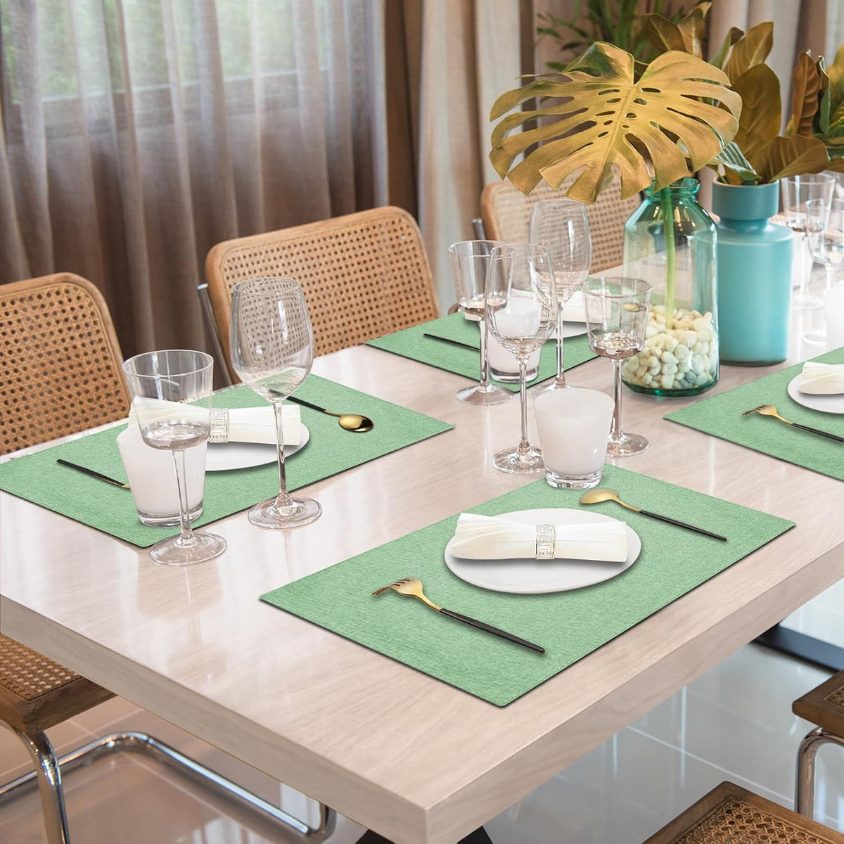 Cloth Placemats Set of 6, Cotton Linen Blend Place Mats, Light Green | Machine Washable, Double Layered, Heat