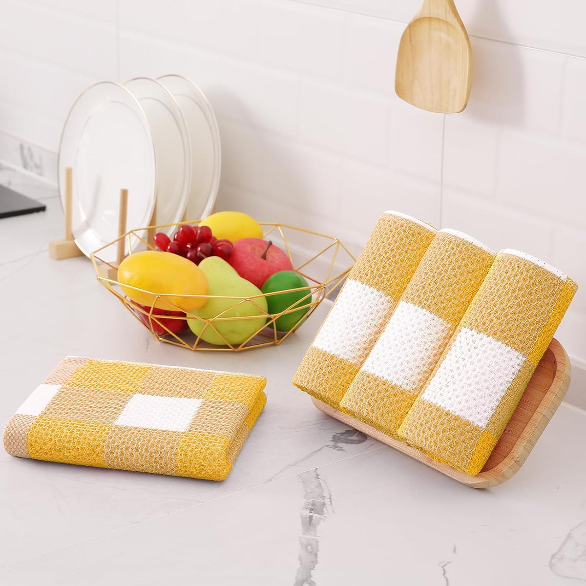 Homaxy Kitchen Towels and Dishcloths Set, Set of 12, White & Golden Yellow | Bulk Cotton Waffle Weave Check Plaid