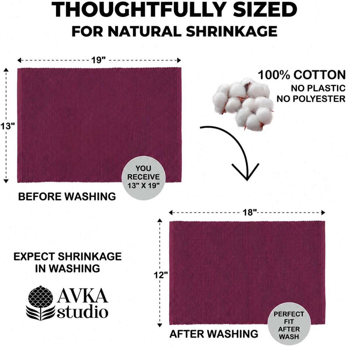 100% Cotton Ribbed Placemats - Set of 6-13 x 19 Inches - Wine - Everyday/Thanksgiving/Fall Cloth Table Mats - Thick