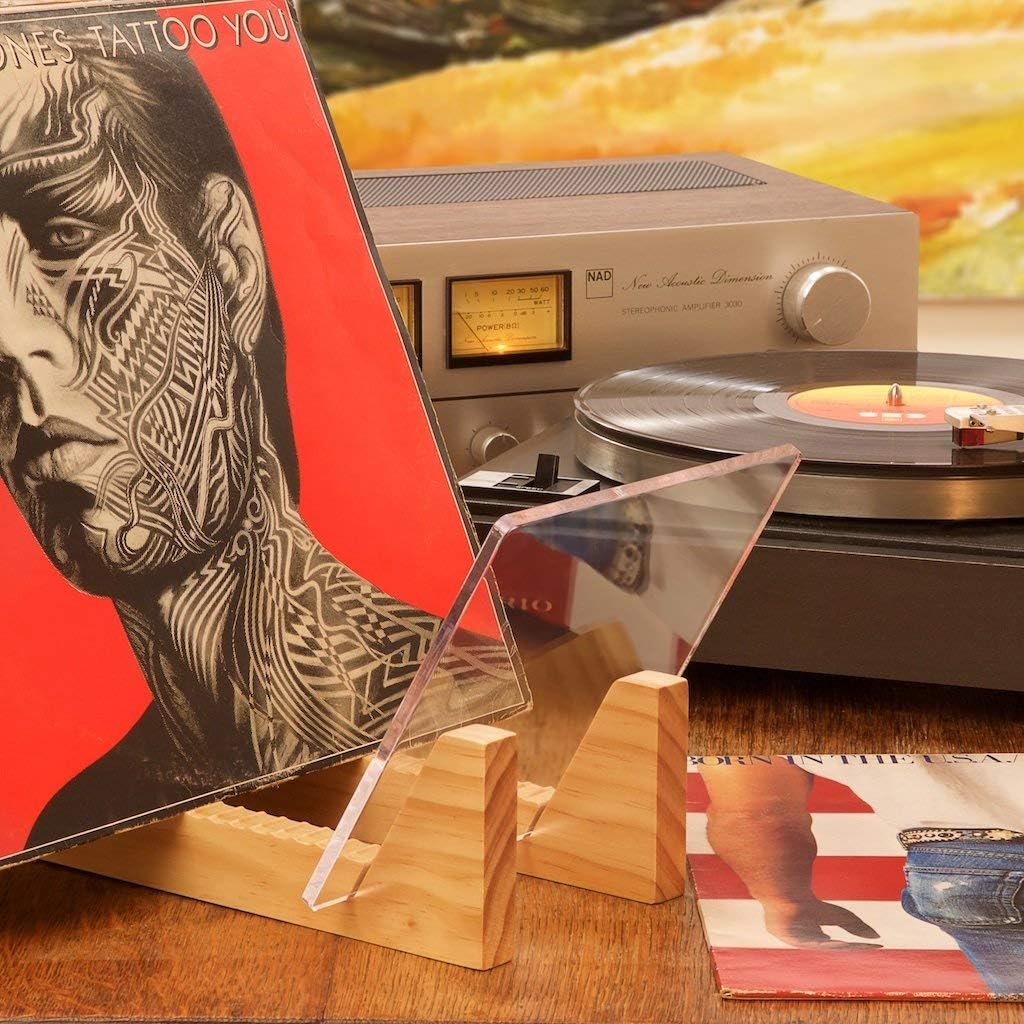 Vinyl Record Storage Holder - Solid Wood with Crystal Clear Acrylic Holder - Premium Design, Perfect 12" LPs or 7"