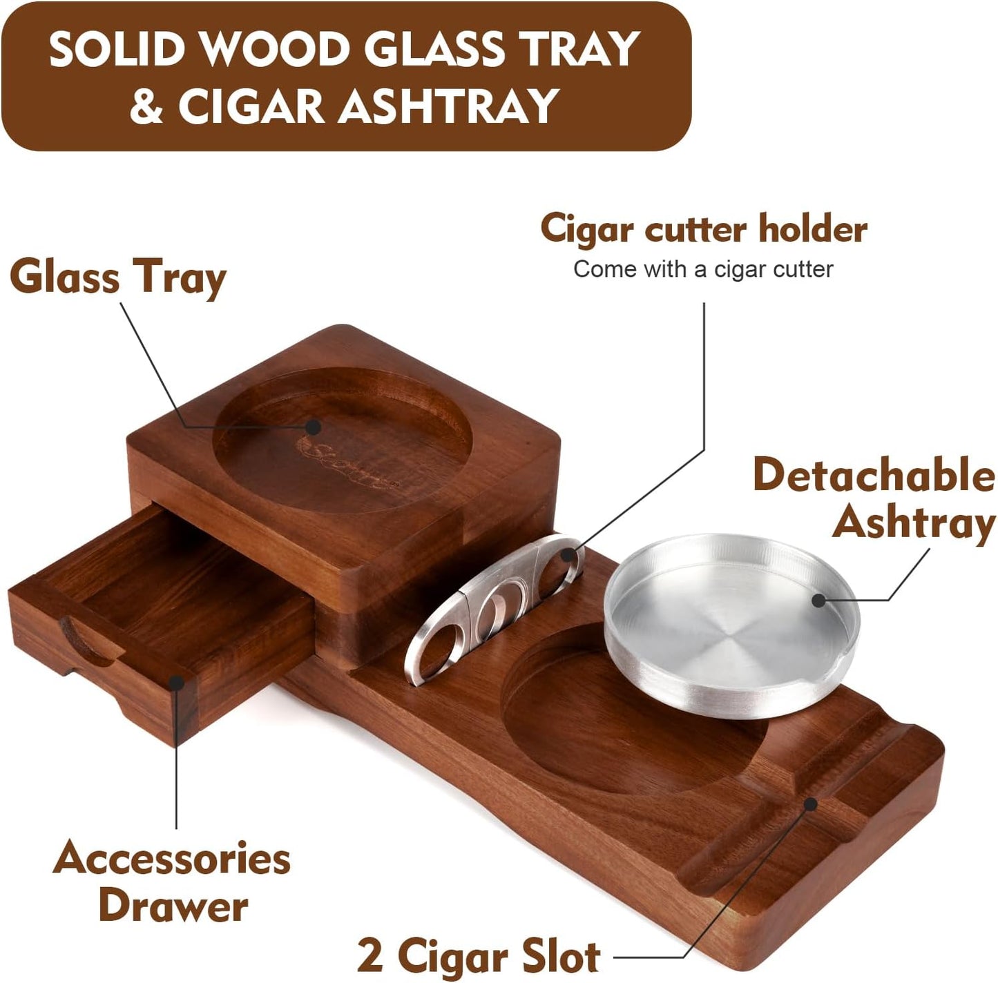 Ashtray Coaster Whiskey Glass Tray & Wooden Ash Tray / Deep Brown