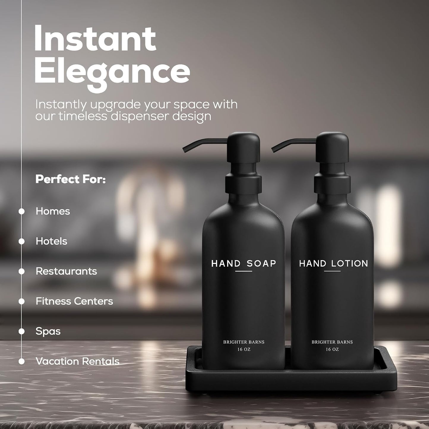 Black Glass Soap and Lotion Dispenser Set with Tray by Brighter Barns - Hand Soap Dispenser Bathroom Set & Stainless