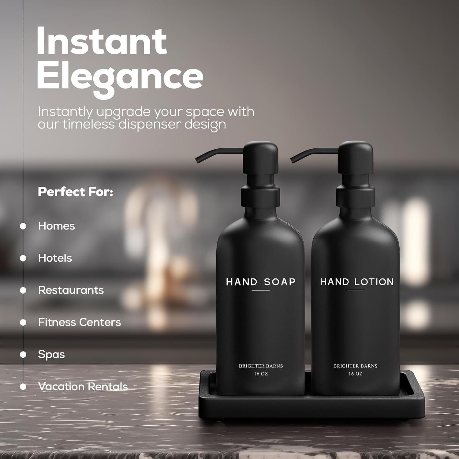 Black Glass Soap and Lotion Dispenser Set with Tray by Brighter Barns - Hand Soap Dispenser Bathroom Set & Stainless