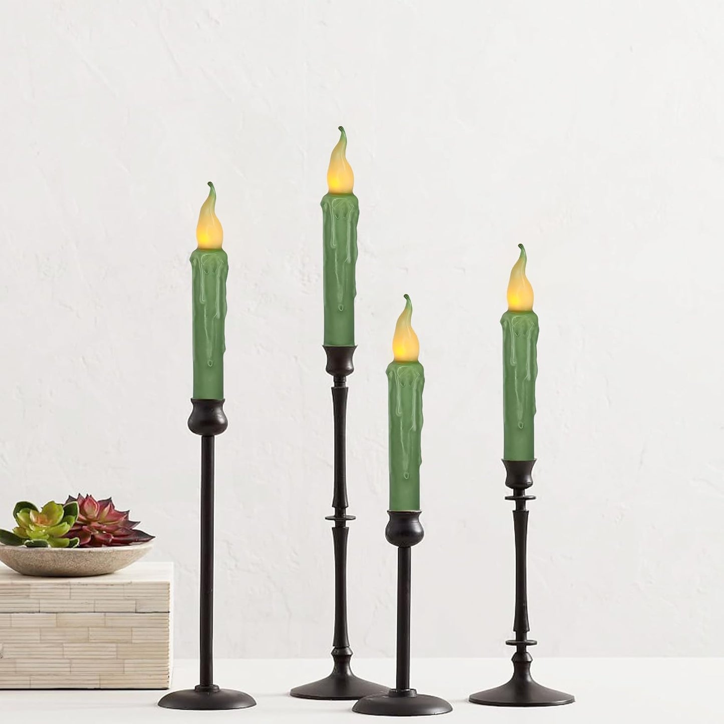 Sage Green Flameless Short Taper Candles, Real Wax Hand Dipped LED Battery Operated with Remote, Flickering Flame