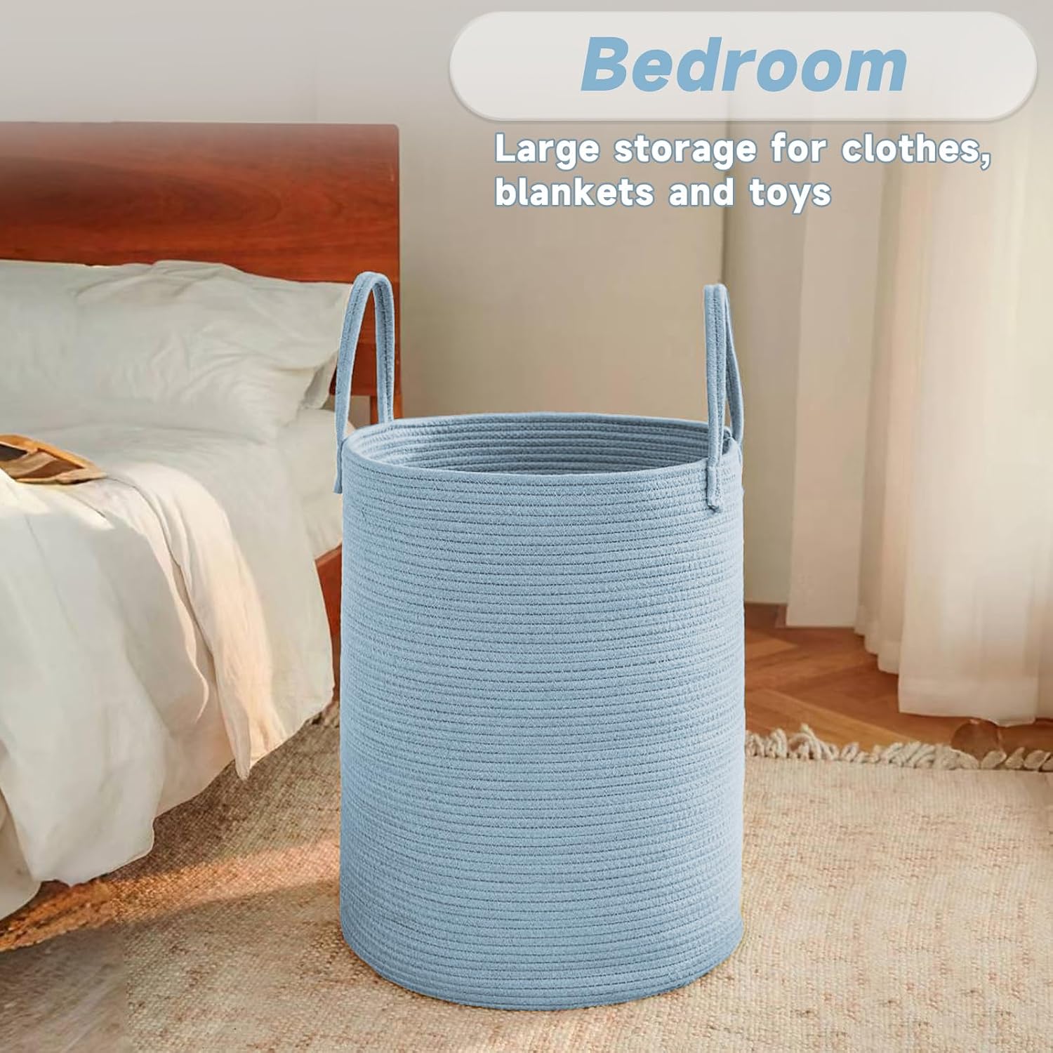 Large Woven Laundry Basket Hamper / Blue / 60L