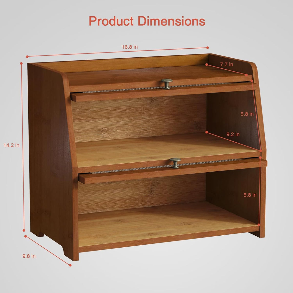 Goozii Wooden Bread Box for Kitchen Countertop, Dark Wood Bread Storage Container for Homemade Bread, 2 Tier Roll Top