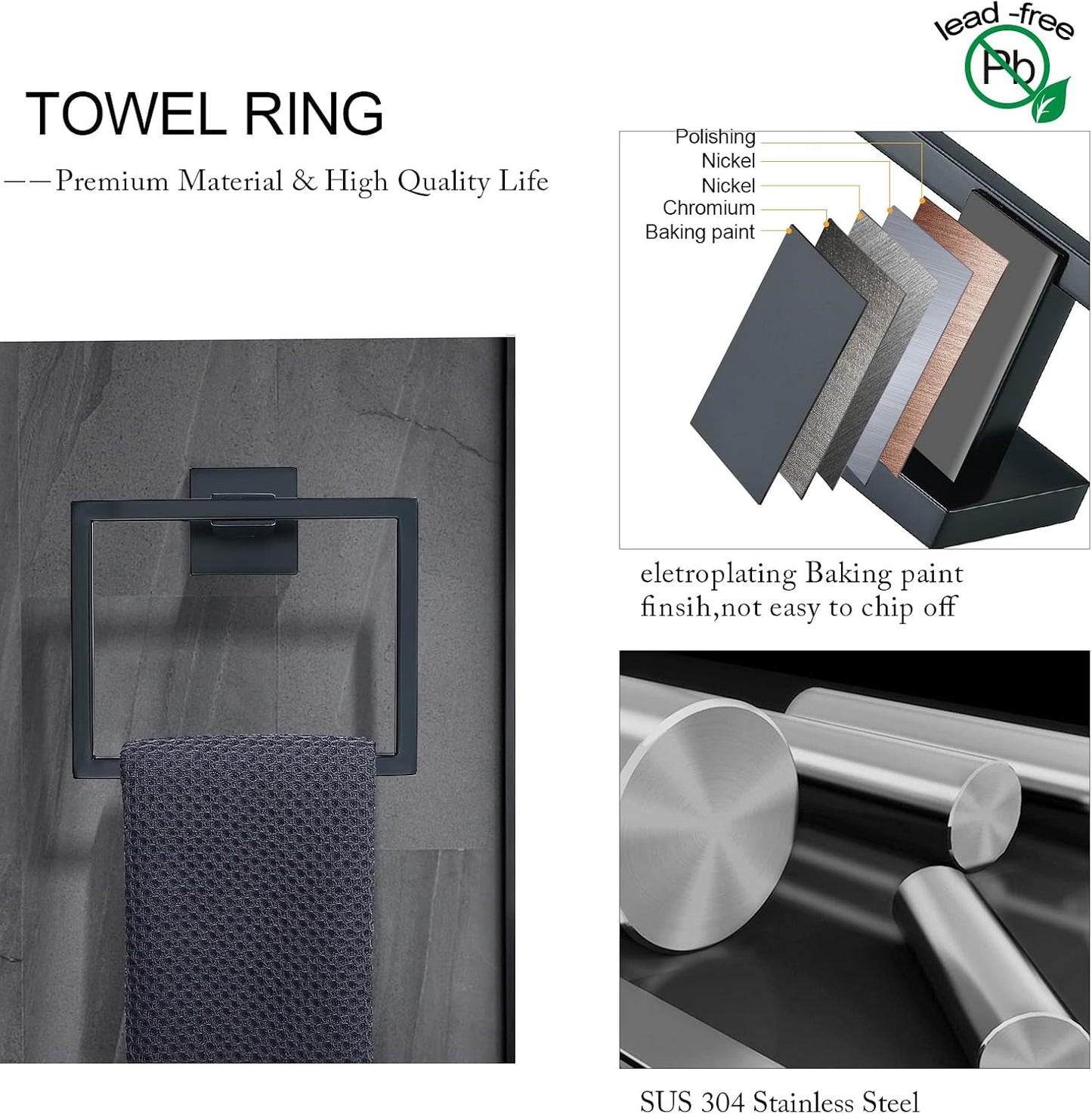 Black Towel Bar Set 5-Piece Bathroom Hardware Set Including 23.6 Inch Towel Bar,Towel Ring Towel Hook and Toilet Paper