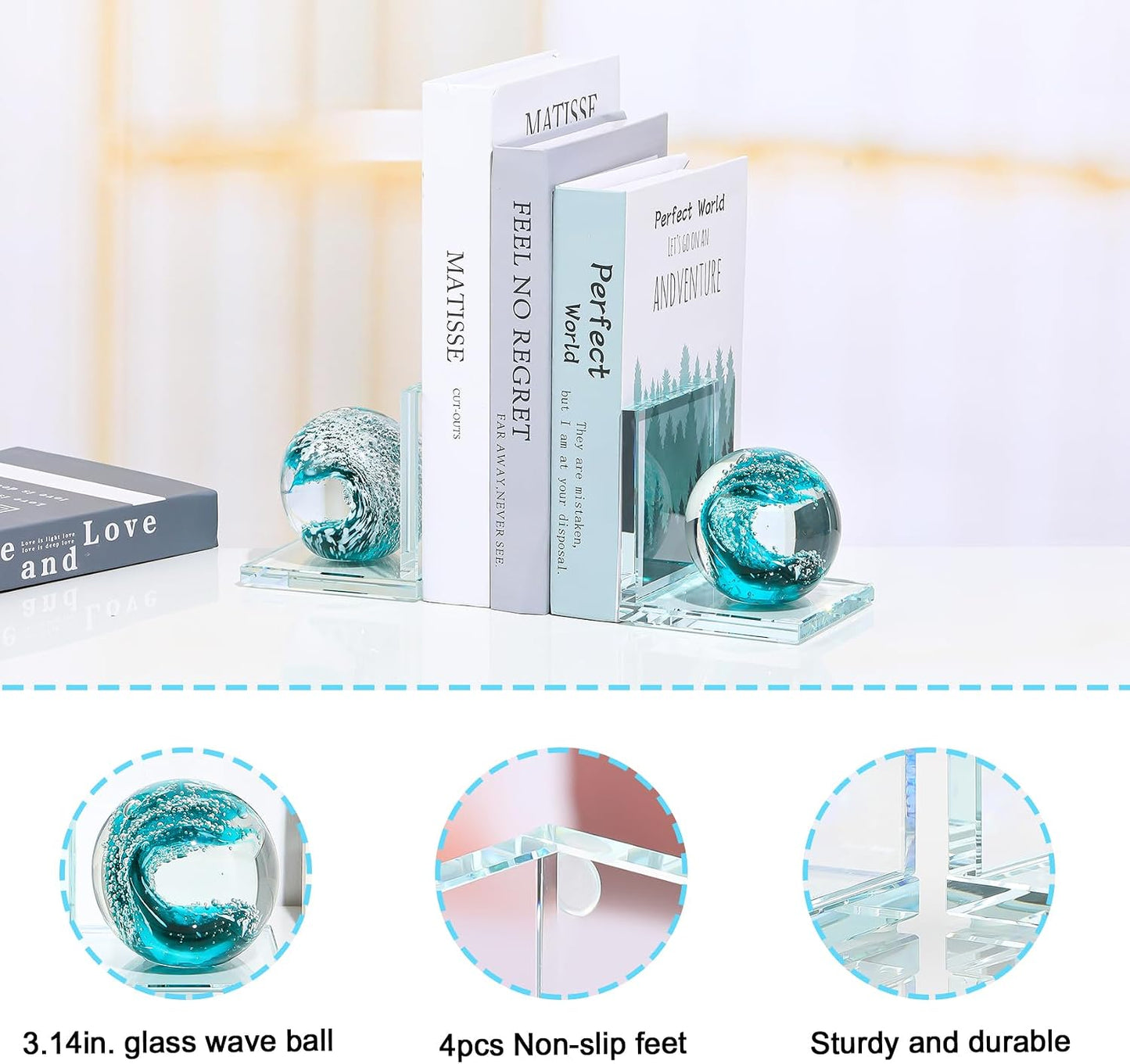 Hand Blown Ocean Waves Ball Glass Decorative Non Skid Bookends / Dark Green