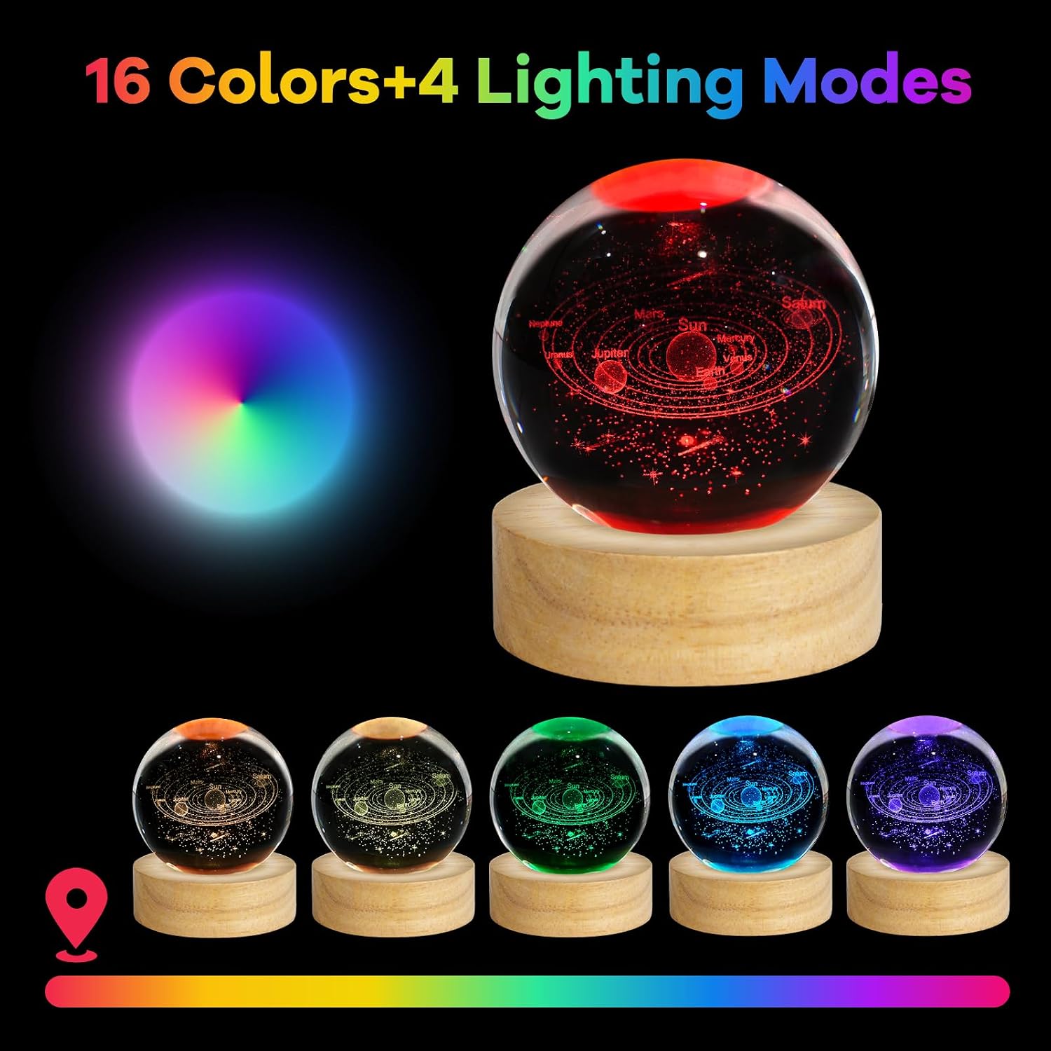 3D Crystal Ball Night Light Galaxy Planets Glass Table Lamp Decor / Solar System / 2.4 Inch