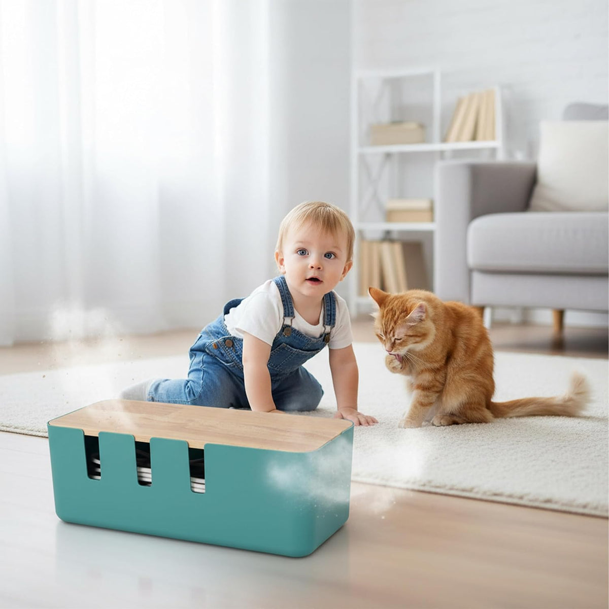 Relaxdays Cable Box for 2-Outlet Strips with Wooden Lid, Plastic, Cable Management, Organizer, 11.5 x 30.5 x 12.5 cm