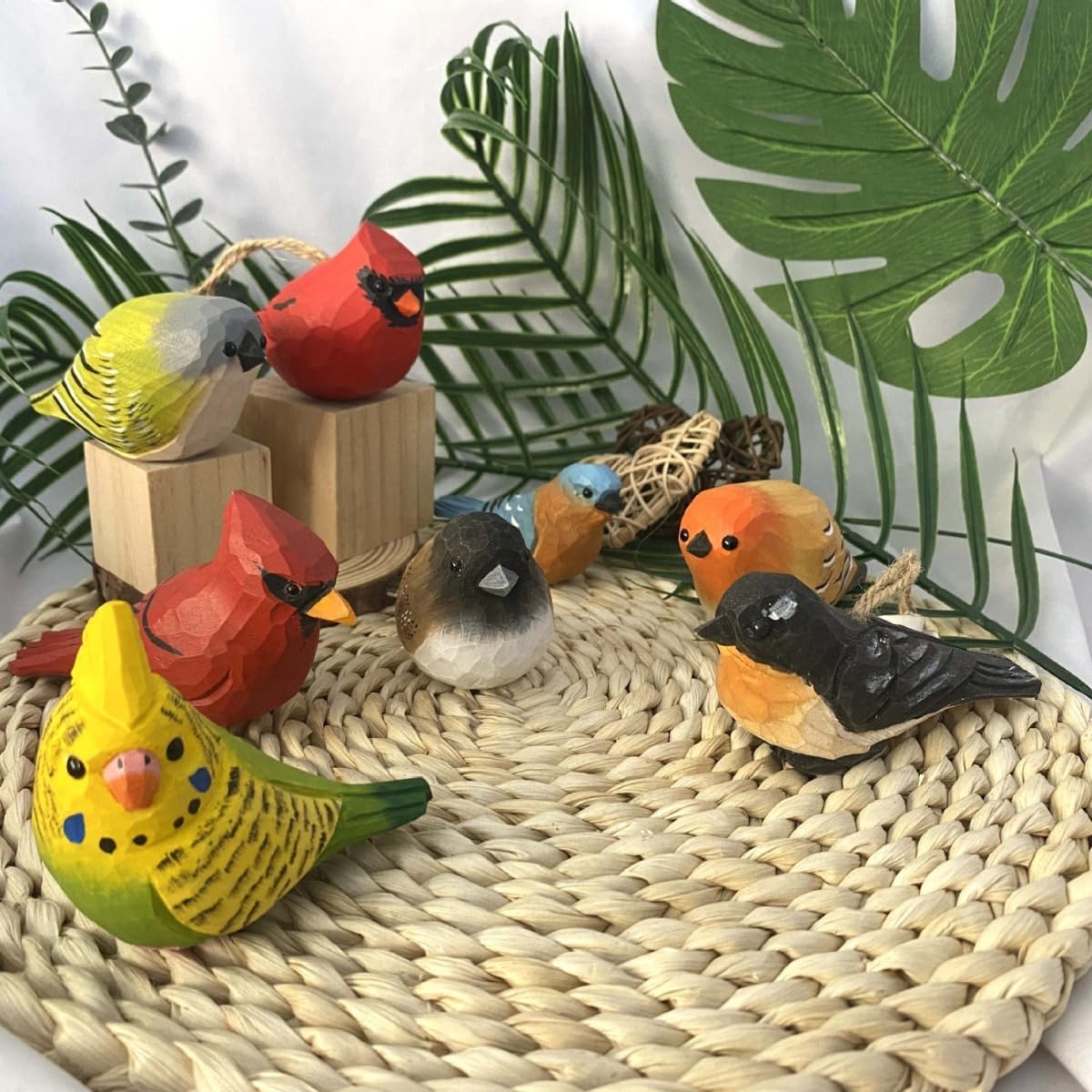 Handmade Bird Statue Carved Rustic Animal Bird Sculpture Miniature Art Carve Small / Wood / Set of 2