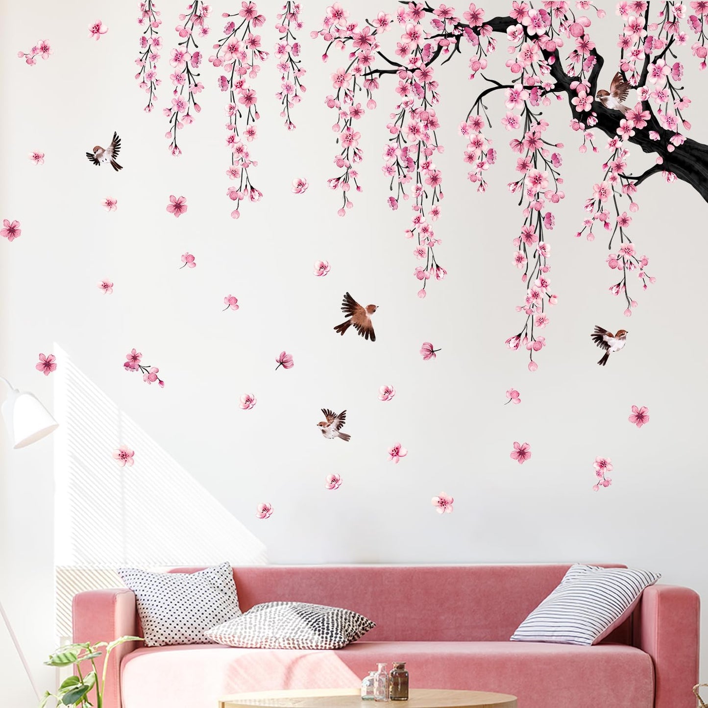 4 Sheets Spring Flower Bird Wall Decals Peel / Pink / 11.8*35.4inch