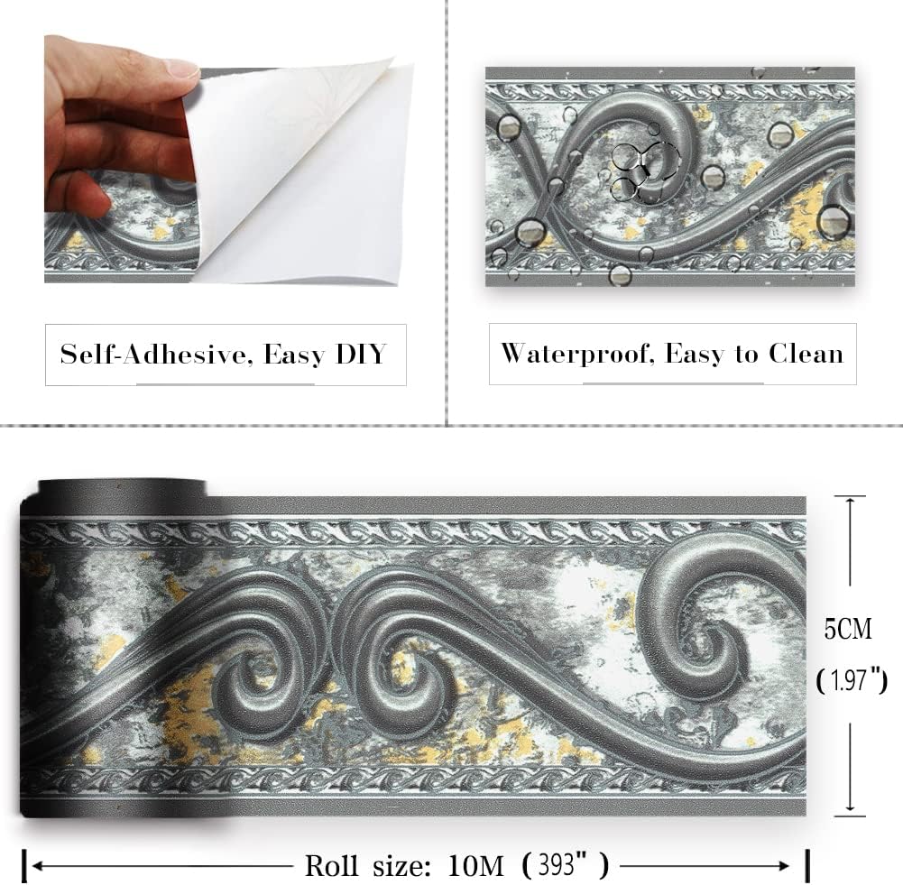 Abstract Curve Grey Removable Self Adhesive Wall Border Decorative Molding Tiles / 2 x 393.7 / Gray