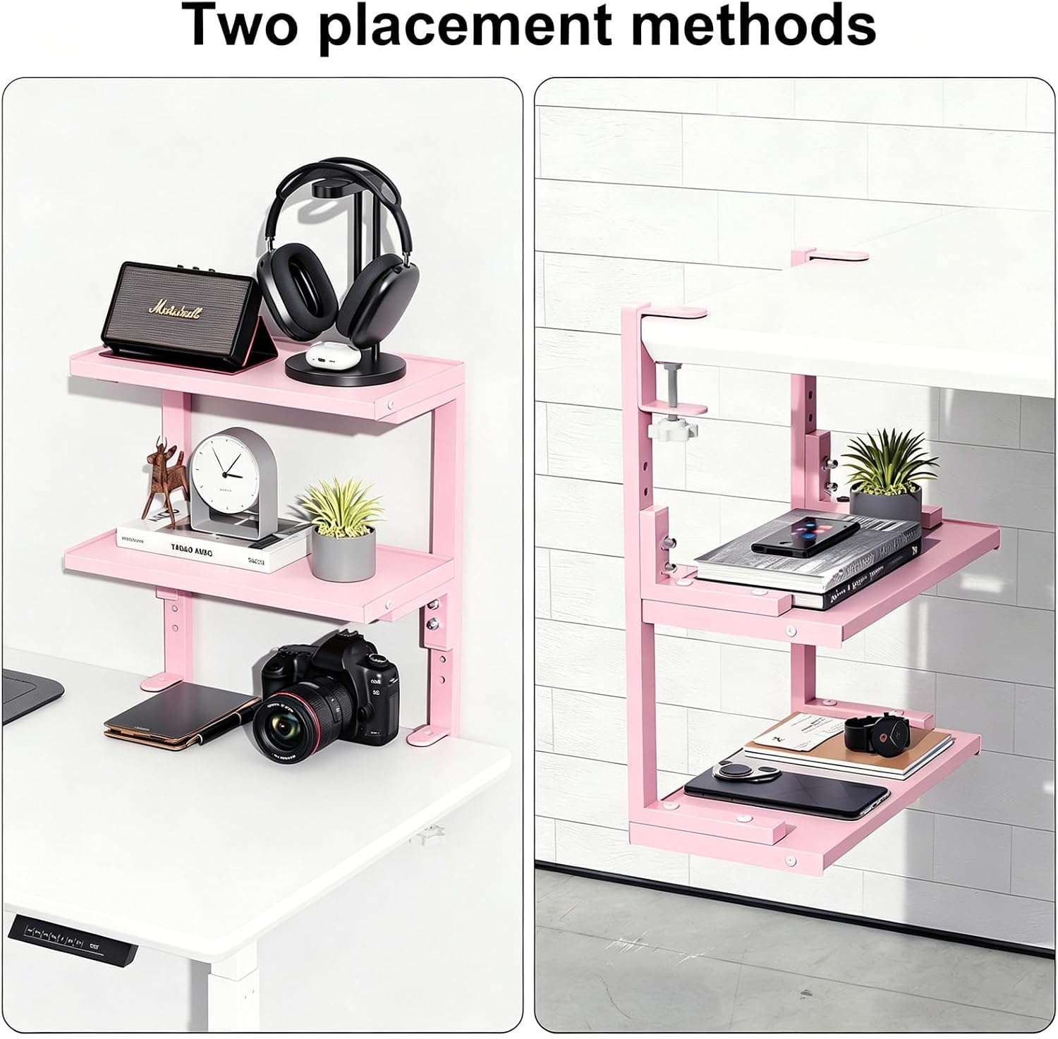 Spacrea Clamp on Desk Shelf, 2 Tier Office Desk Shelves Organizer, Wood Desktop Supplies Storage Rack, Desk Organizers