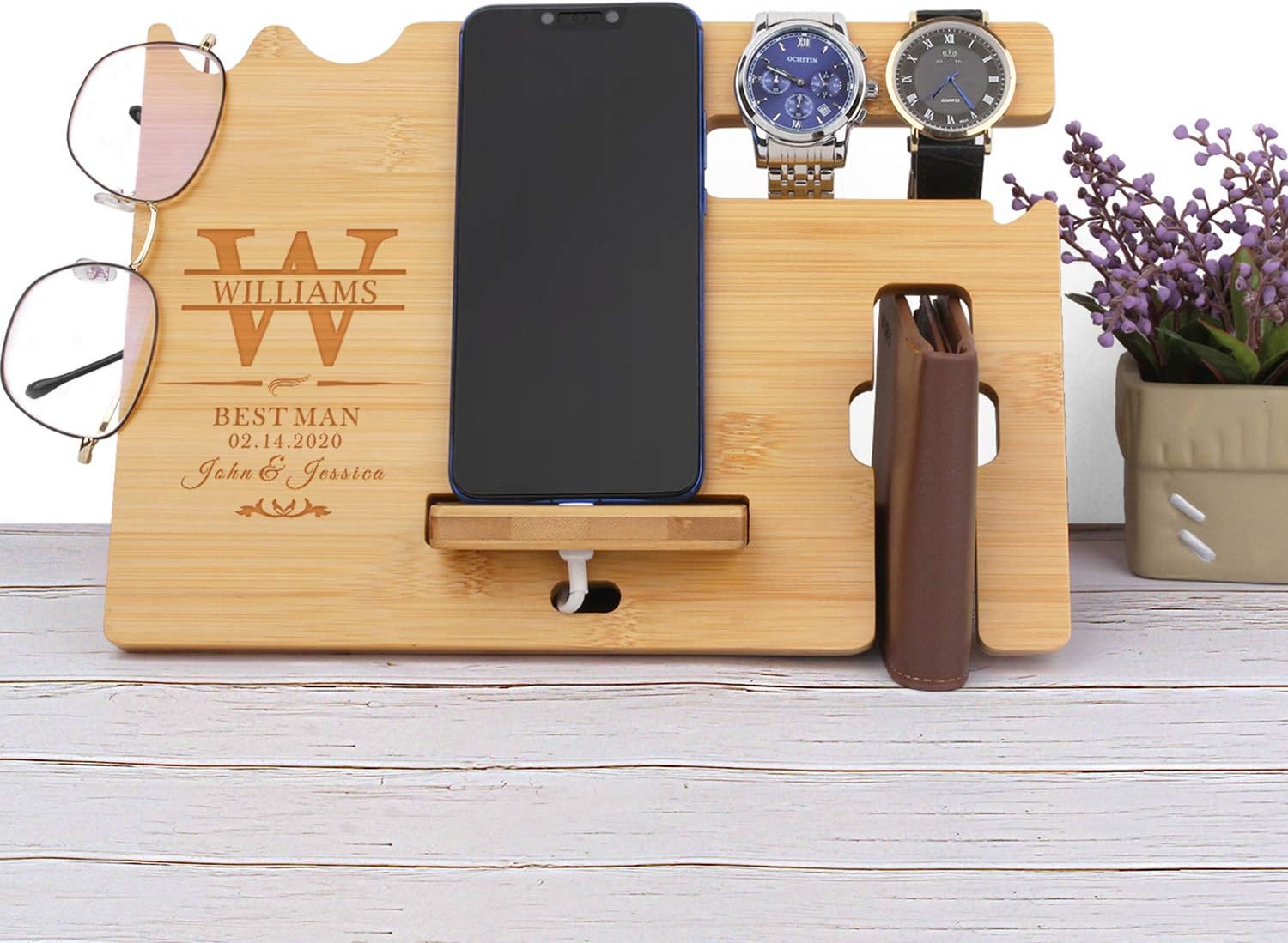 awofer Gifts for Men - Wood Phone Docking Station Personalized - Engraved Nightstand Organizer with Phone Charging