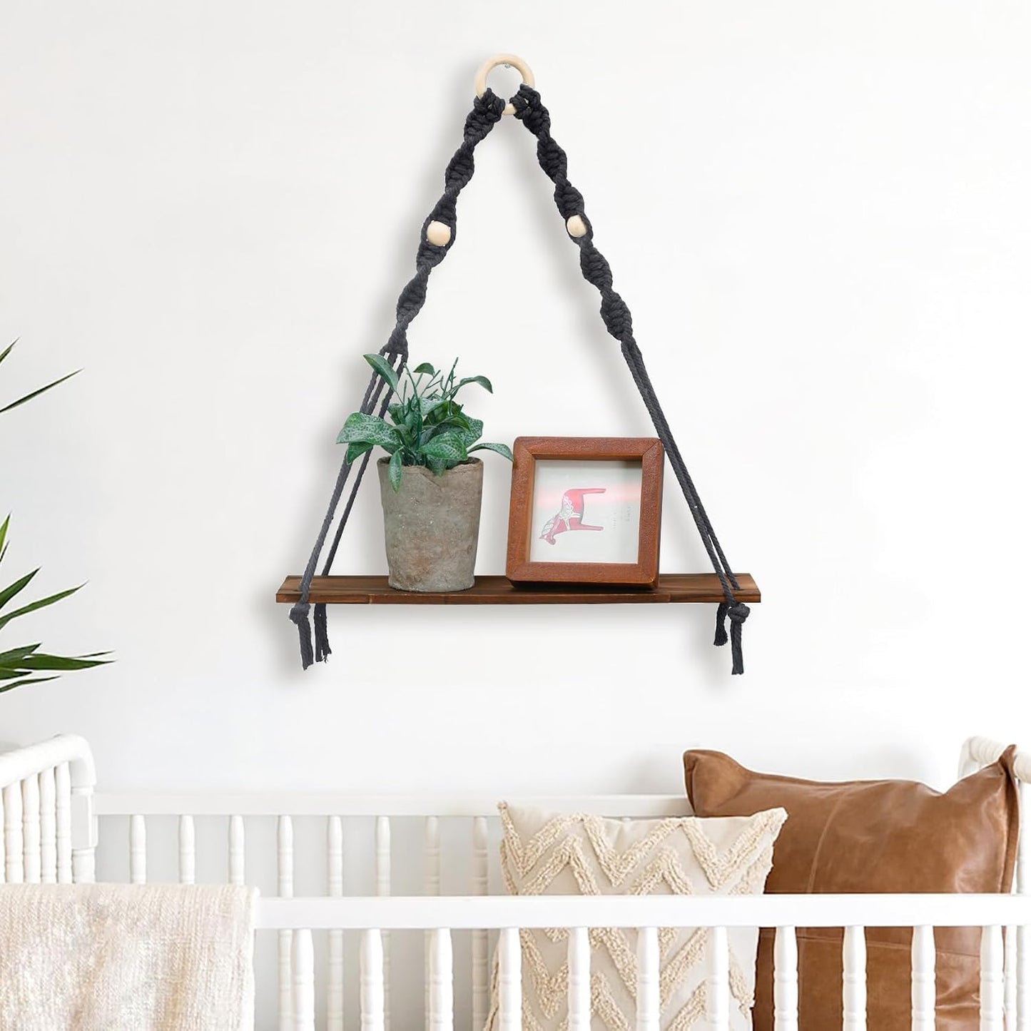 Boho Wooden Wall Shelves Hanging Decor / Black