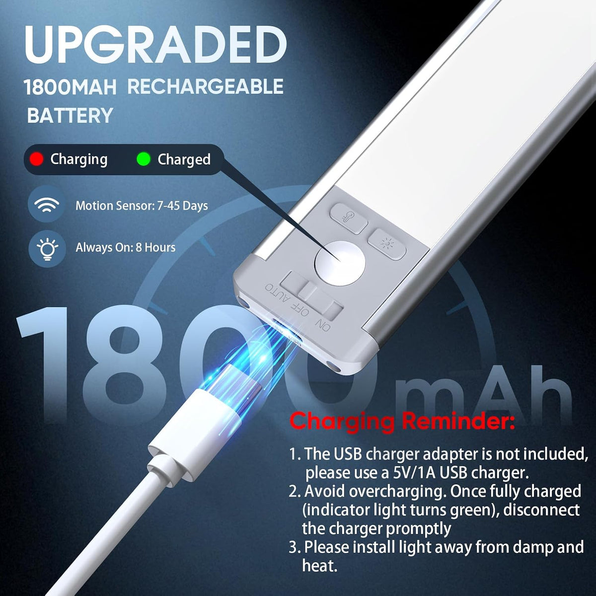 10inch Under Cabinet Lighting with 3 Color Temps, 2 Pack Rechargeable Motion Sensor Light Indoor, 5 Levels Dimmable