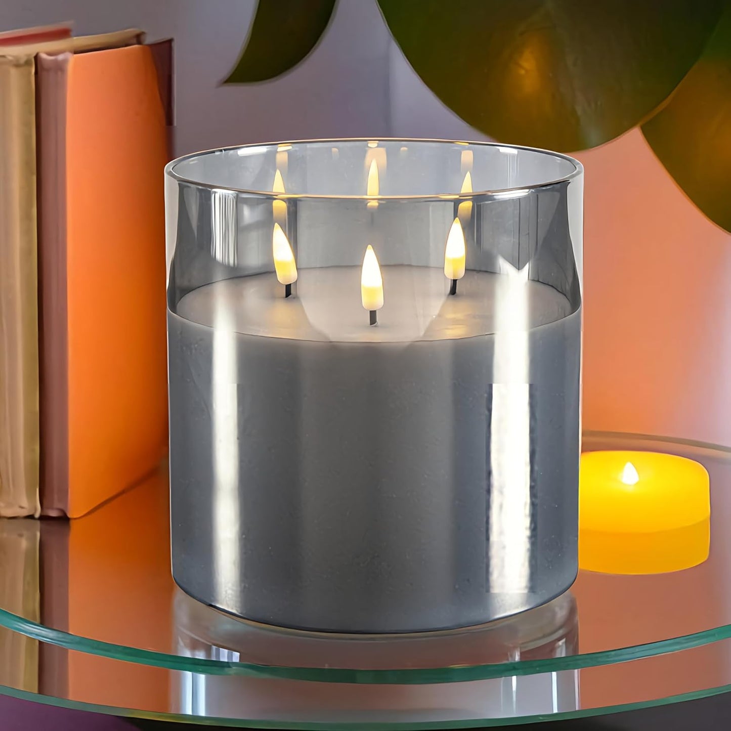 NICEME Extra Large 3 Wick Battery Operated Candle, 6"x6" Big Clear Glass Flameless Candles with Remote, Real Wax