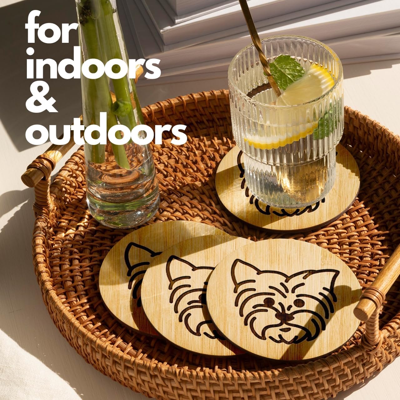 Iron Holder / Bamboo Laser-Engraved Fun Dog Coasters / Yorkie / 3.9 Inch / Set of 6