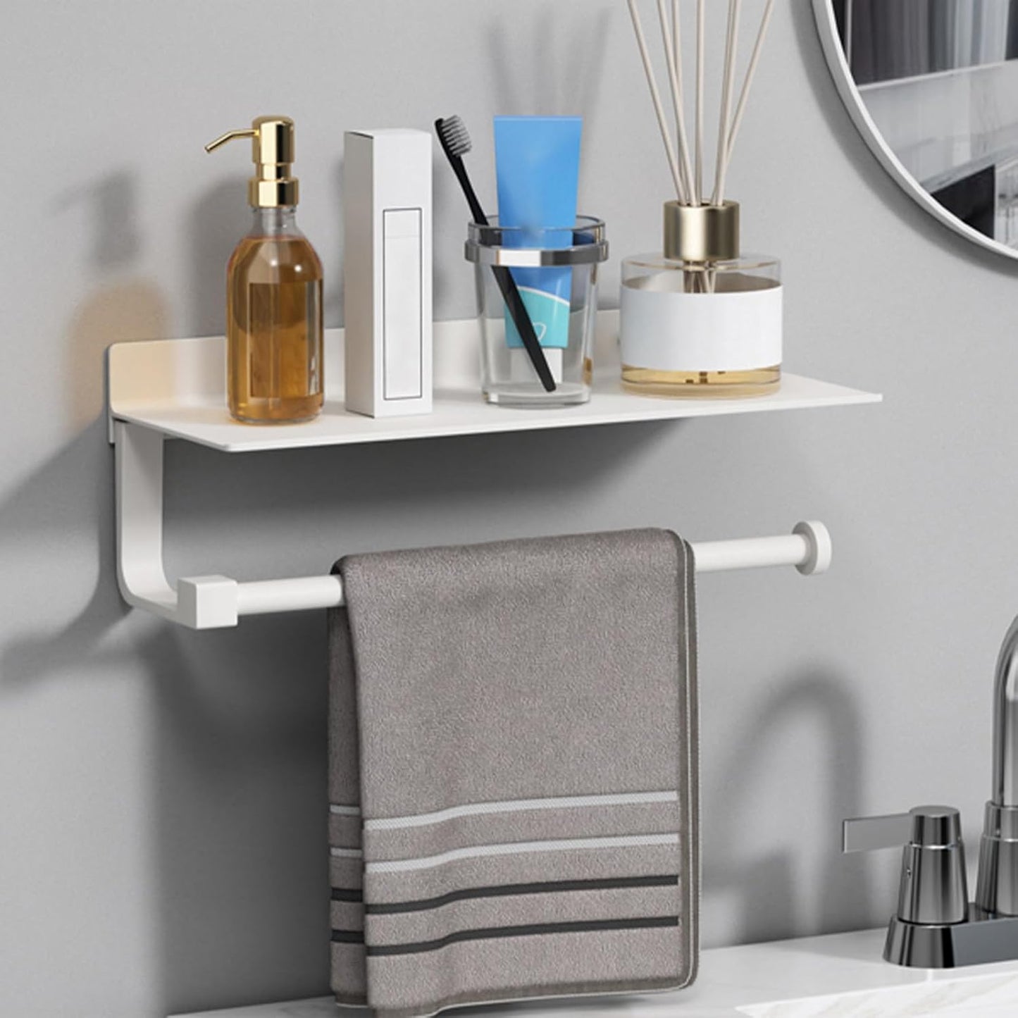 White Paper Towel Holder with Shelf Wall Mount, Adhesive Hand Towel Holder for Bathroom, Kitchen Towel Holder