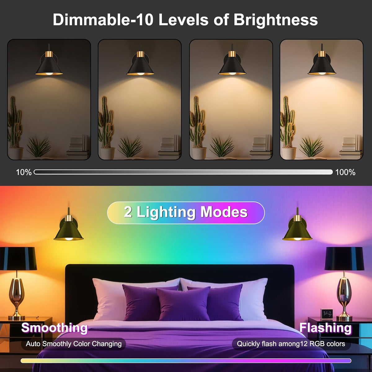Frideko Rechargeable Wall Sconces Set of Two with Remote, RGB 15 Colors Dimmable Battery Operated Wall Lights for