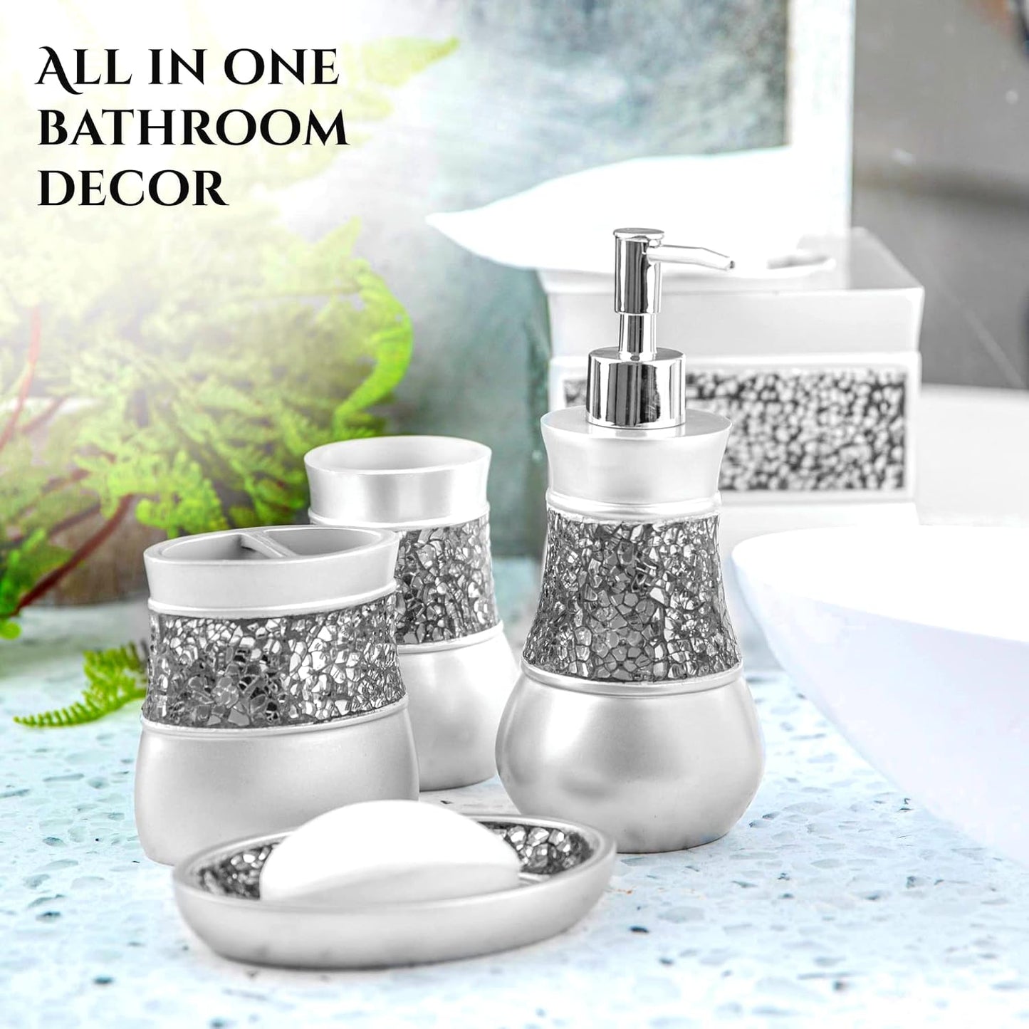 Creative Scents 4 Pc. Resin Bathroom Accessory Set | Silver Crackled Glass | Includes Soap Dispenser, Toothbrush