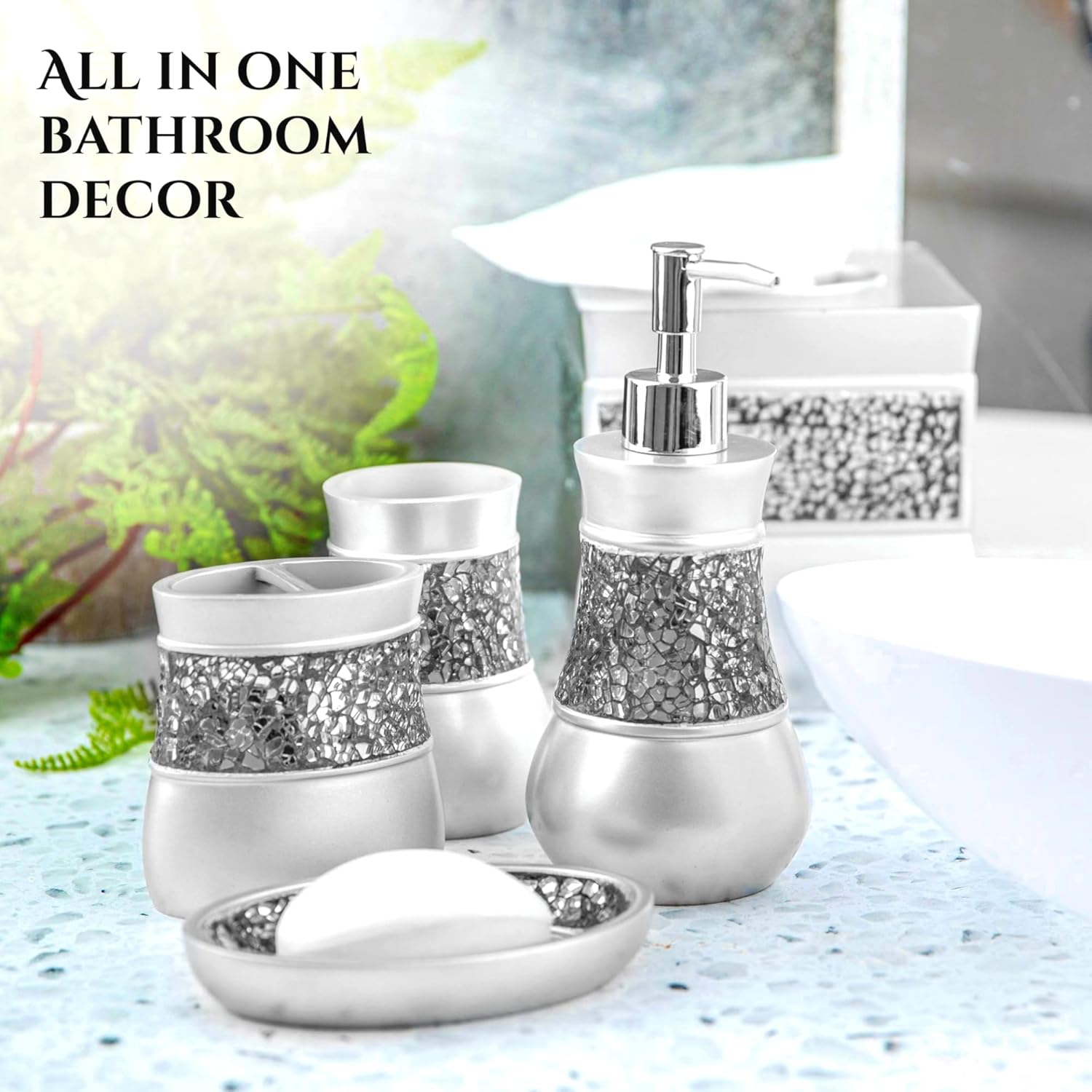 Creative Scents Crackled Glass 6 Pc. Silver Resin Bathroom Accessories Set | Includes Toilet Brush and Holder, Tissue