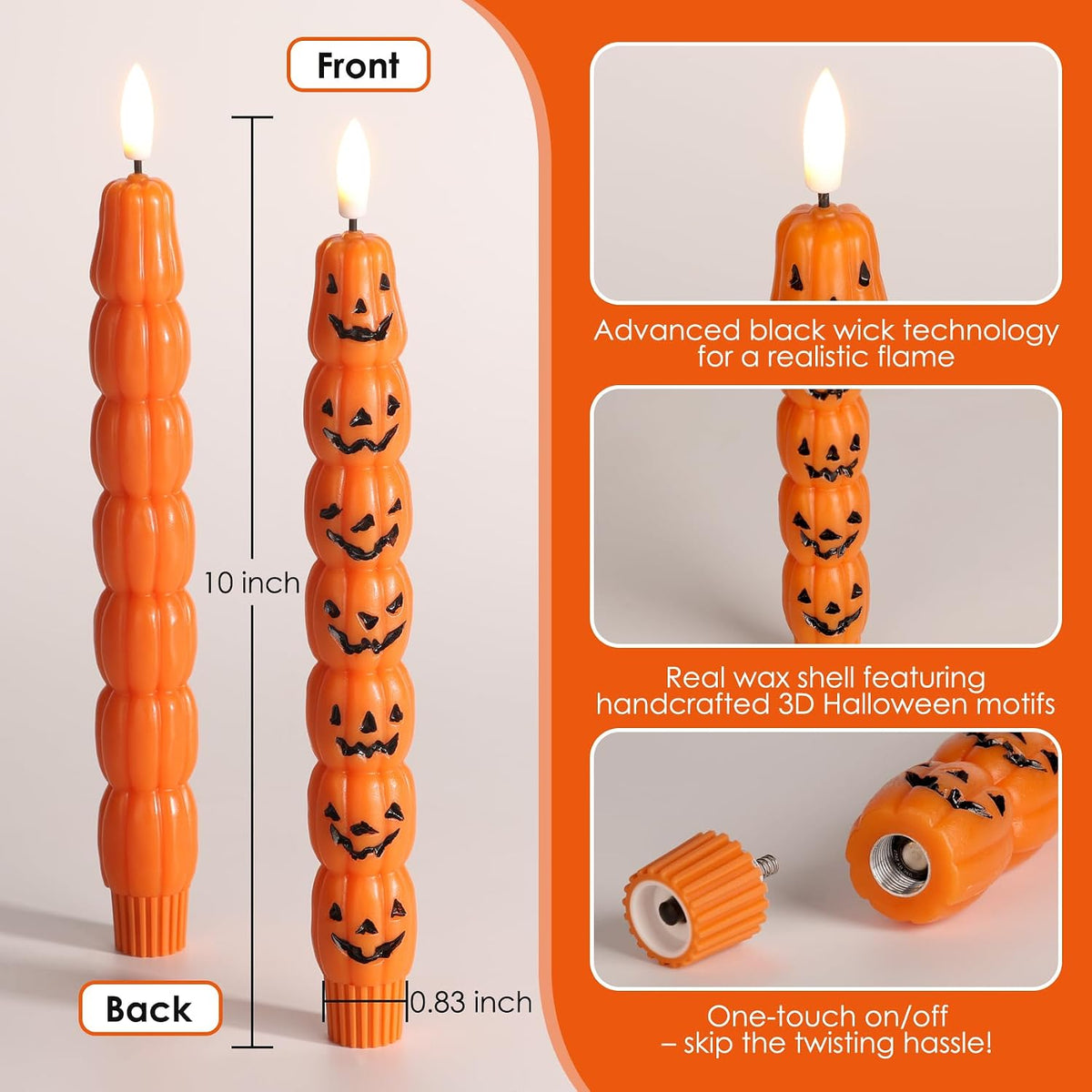 Orange Pumpkin Halloween Flameless Taper Candles with Remote | Spooky Flickering LED Wax Candlesticks, 2 AAA Battery