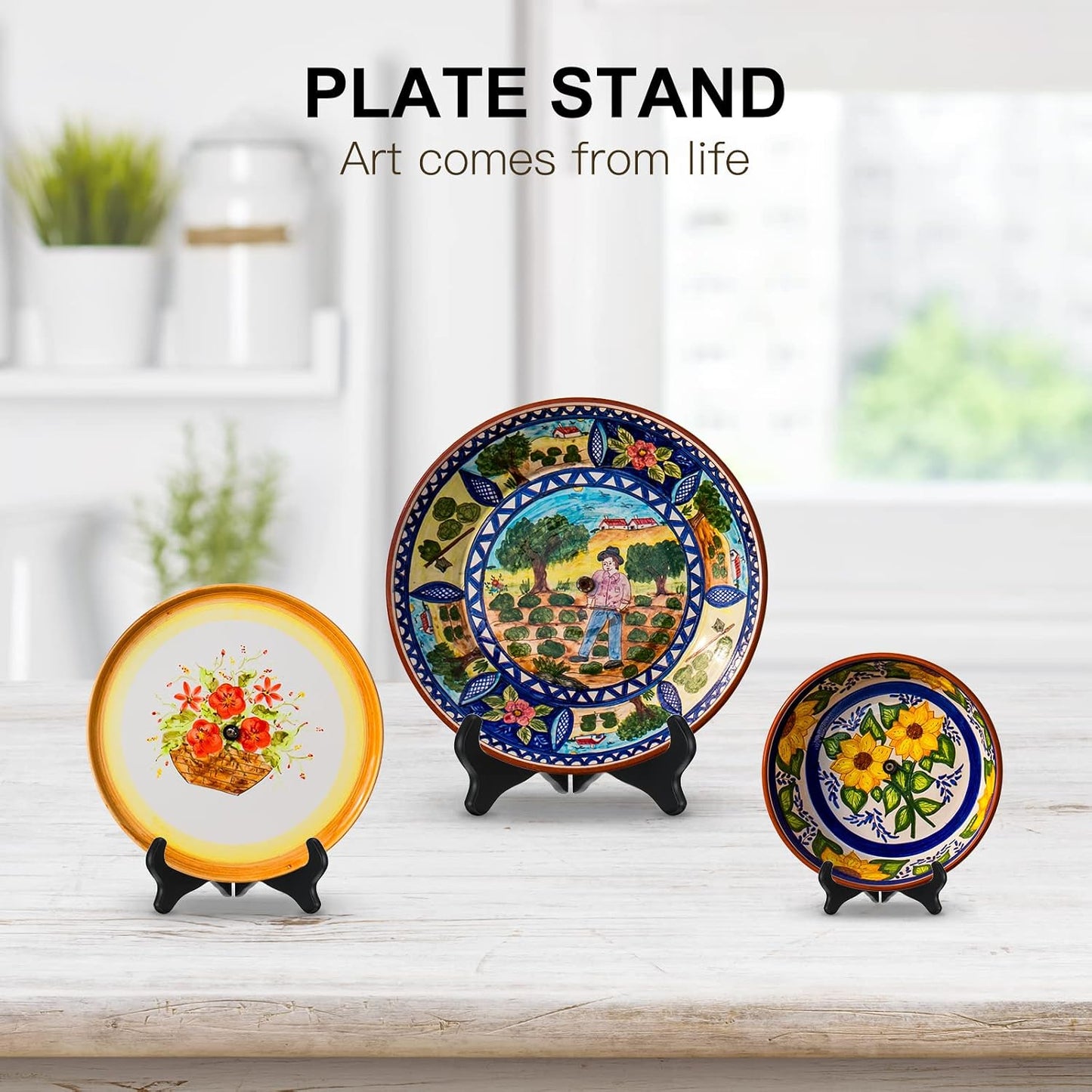 Wooden Display Stand Decorative Plate Holder Picture / 4 Inch, 6 Inch, 8 Inch / Black / Set of 3