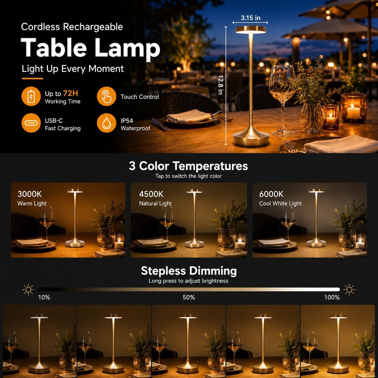 2 Pack Cordless Table Lamps, Rechargeable 6000mAh, 72H Runtime, Waterproof | Stepless Touch Dimming with 3 Color Modes