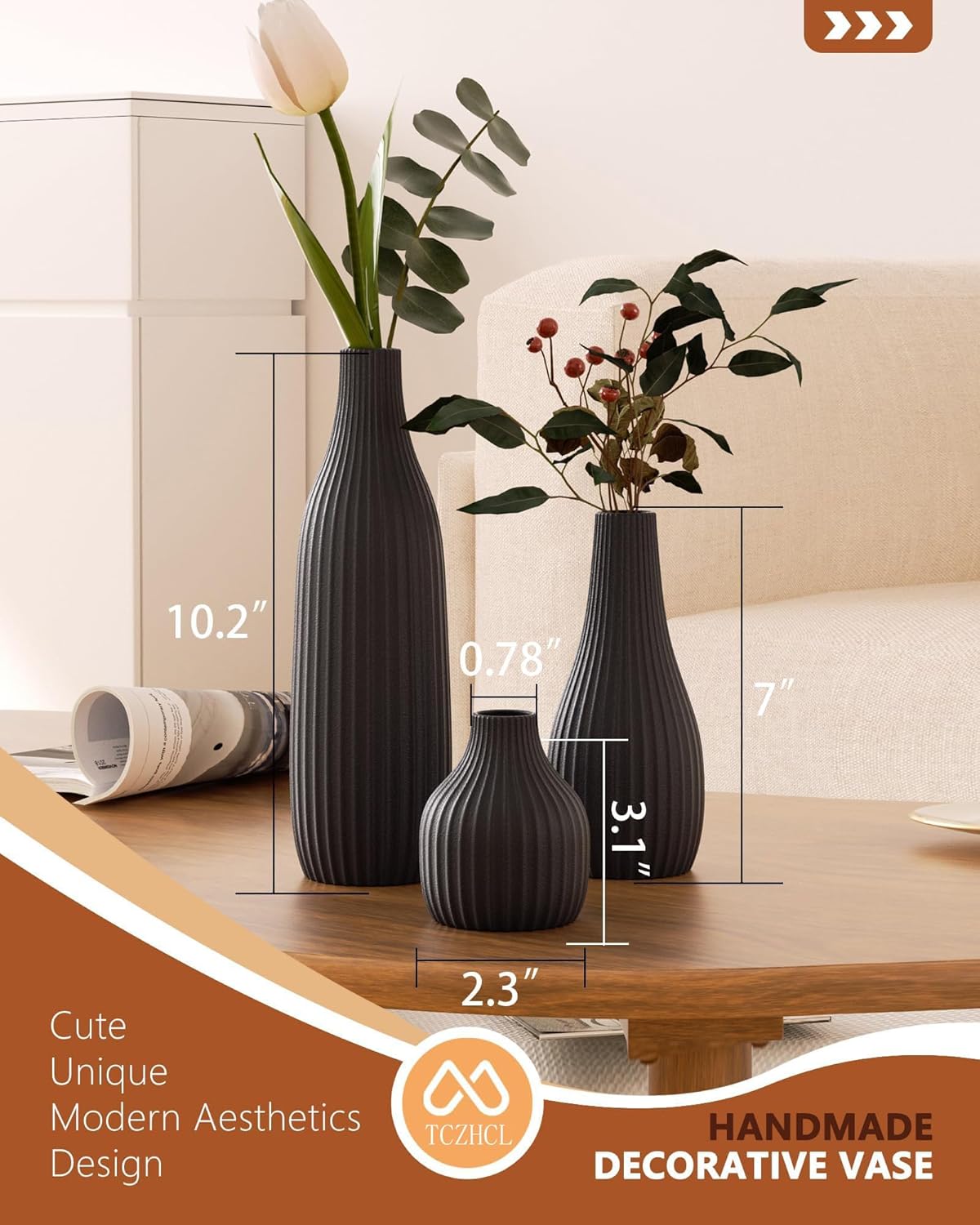 Minimal Line Ceramic Vase / Black / Set of 3