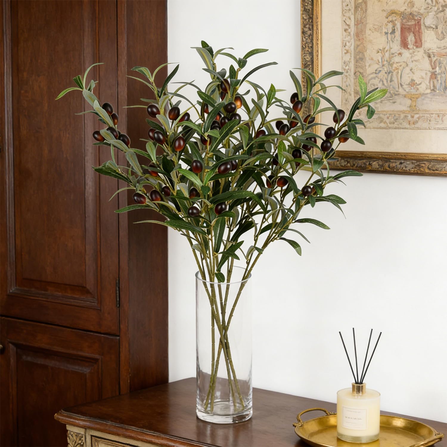 Olive Branch Artificial Plants Greenery Stems Faux Olive Branches for Vases / Green / Set of 6