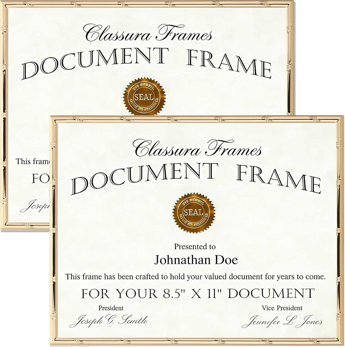 YiPinYin Gold 8.5x11'' Bamboo Detail Metal Document Frames 2-pack, Elegant Gold-Plated Metal Photo Frames 8.5x11 inch