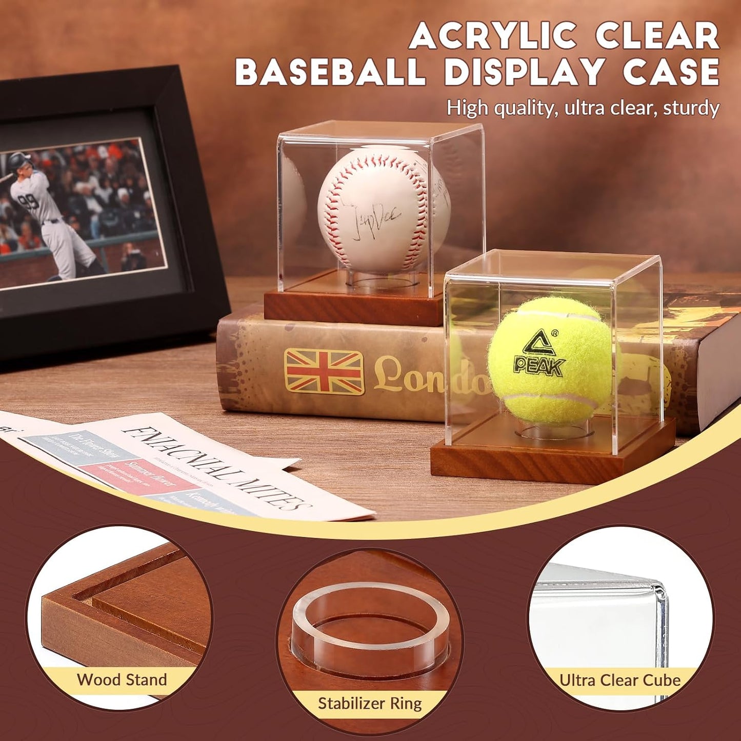 Baseball Display Case, Clear Cube Baseball Holder with Wooden Base, Autograph Baseball Stand Box for Single Ball