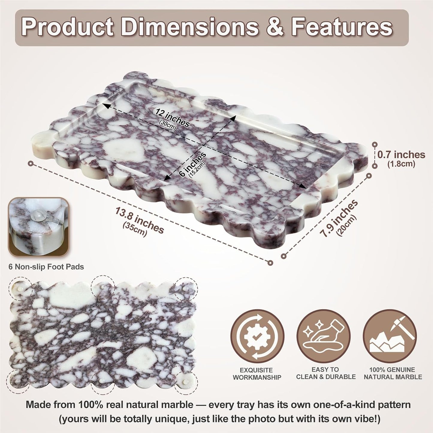 Genuine Calacatta Viola Scalloped Marble Tray / 13.8 x 7.9 x 0.7 / Square