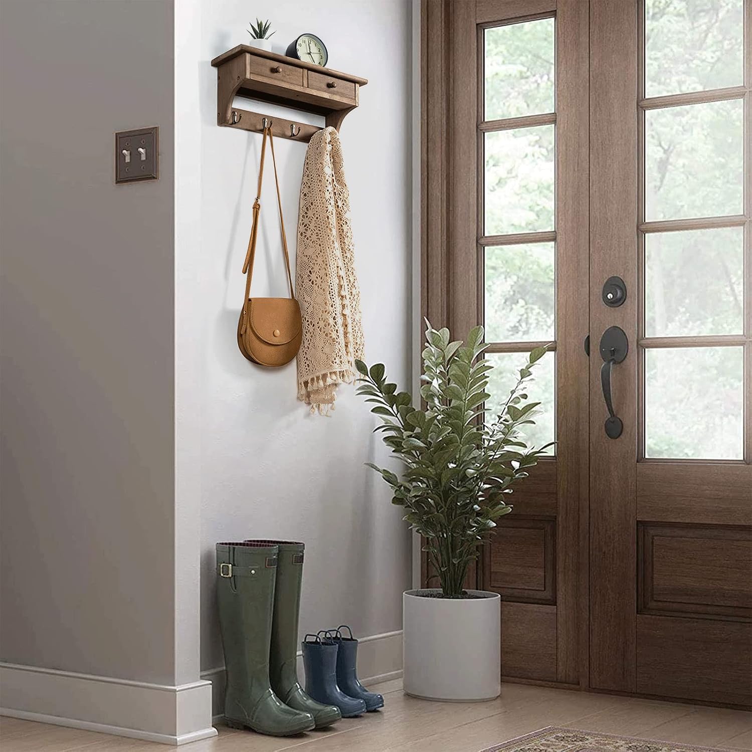 Emfogo Coat Hooks Mounted, Rustic Wood Coat Rack Mount Shelf with Hooks, Farmhouse Coat Rack with Shelf & Coat Hook for