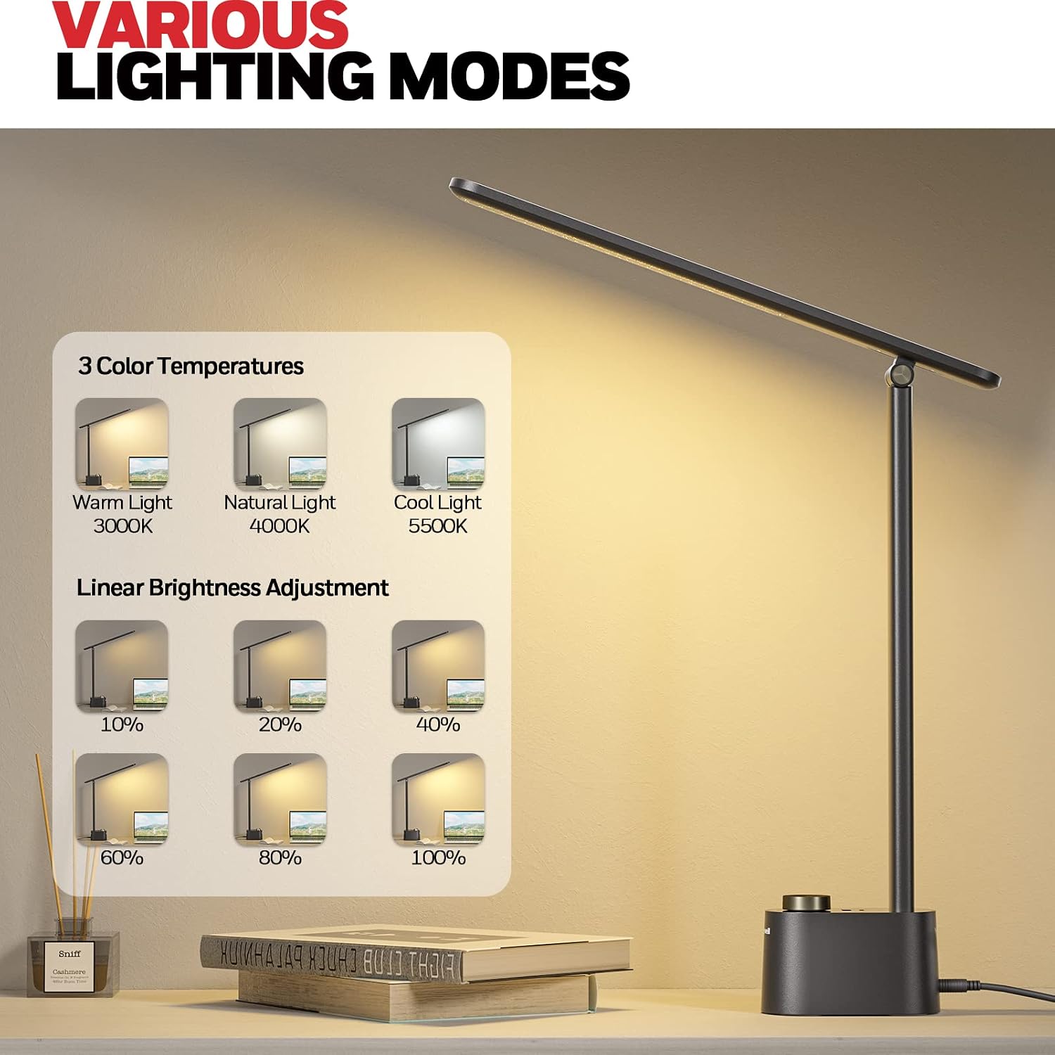 Honeywell HWT-H01 LED Desk Lamp, Foldable & Stepless Dimmable, Black | Sunturalux Eye-Caring Desk Light with Charging