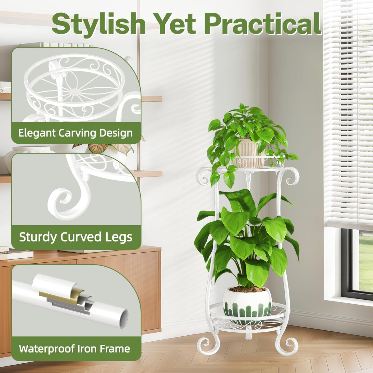 iDavosic.ly 2 Tier Tall Metal Plant Stand Outdoor Indoor, 27 Inch, White | Corner Flower Pot Holder Shelf, Wrought Iron