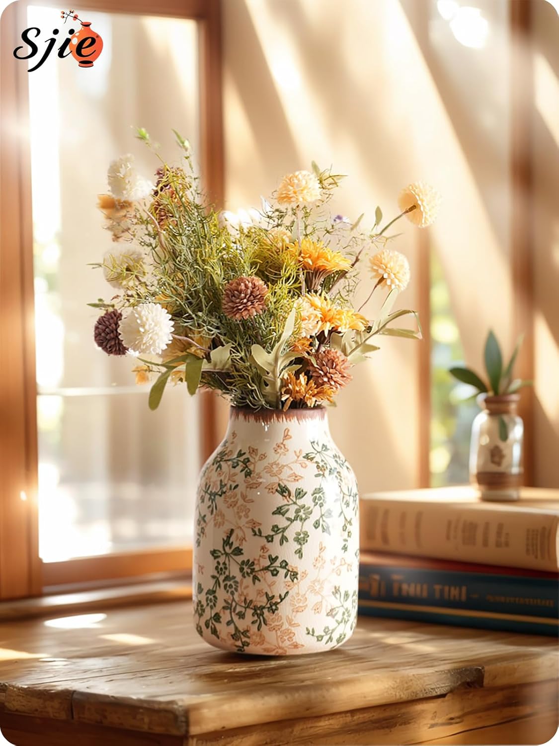 Vintage Ceramic Vase / Beige and Green-002 / 7.8 Inch