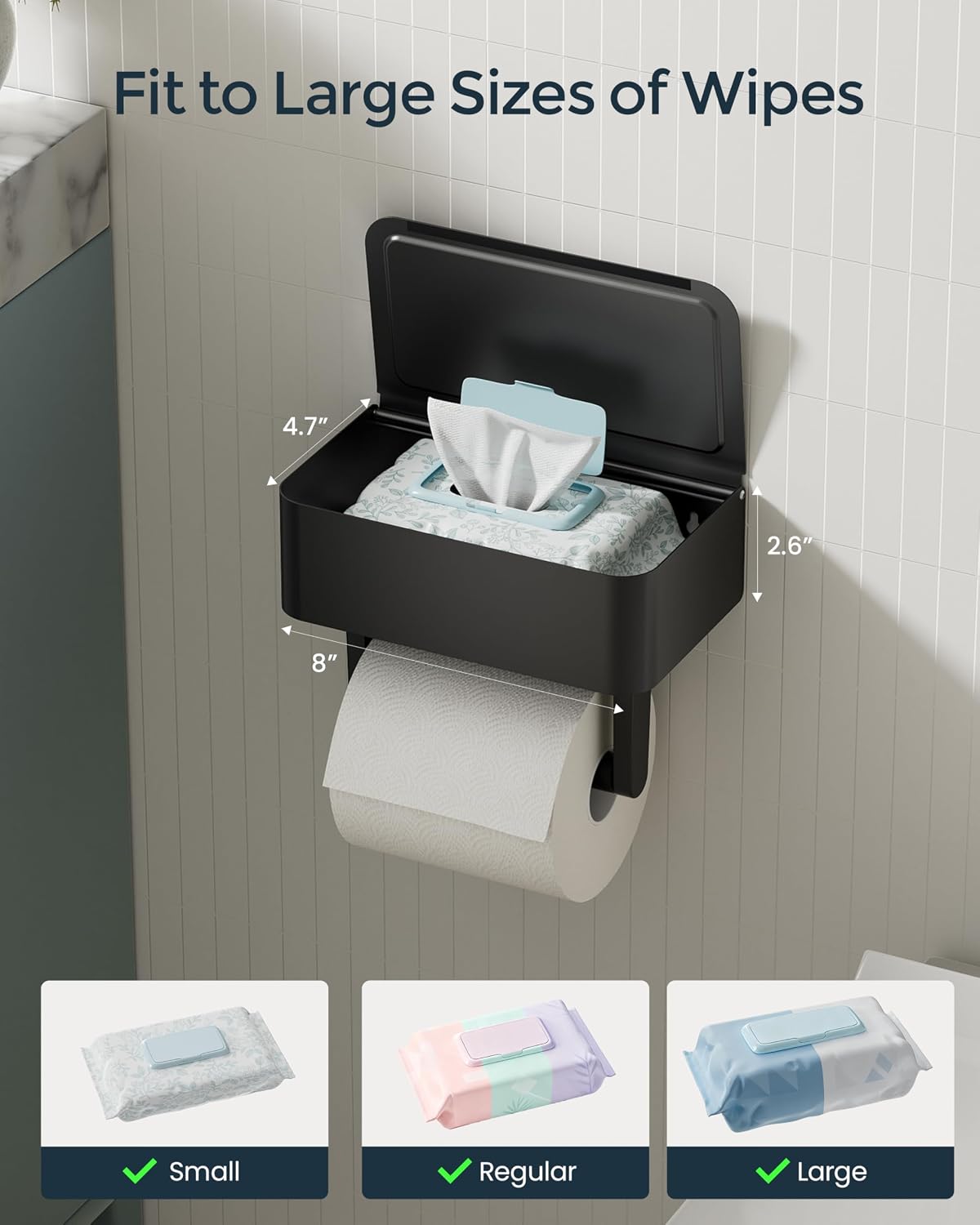 Black Toilet Paper Holder with Wipes Dispenser Self Adhesive | 304 Stainless Steel Toilet Paper Holder with Shelf &