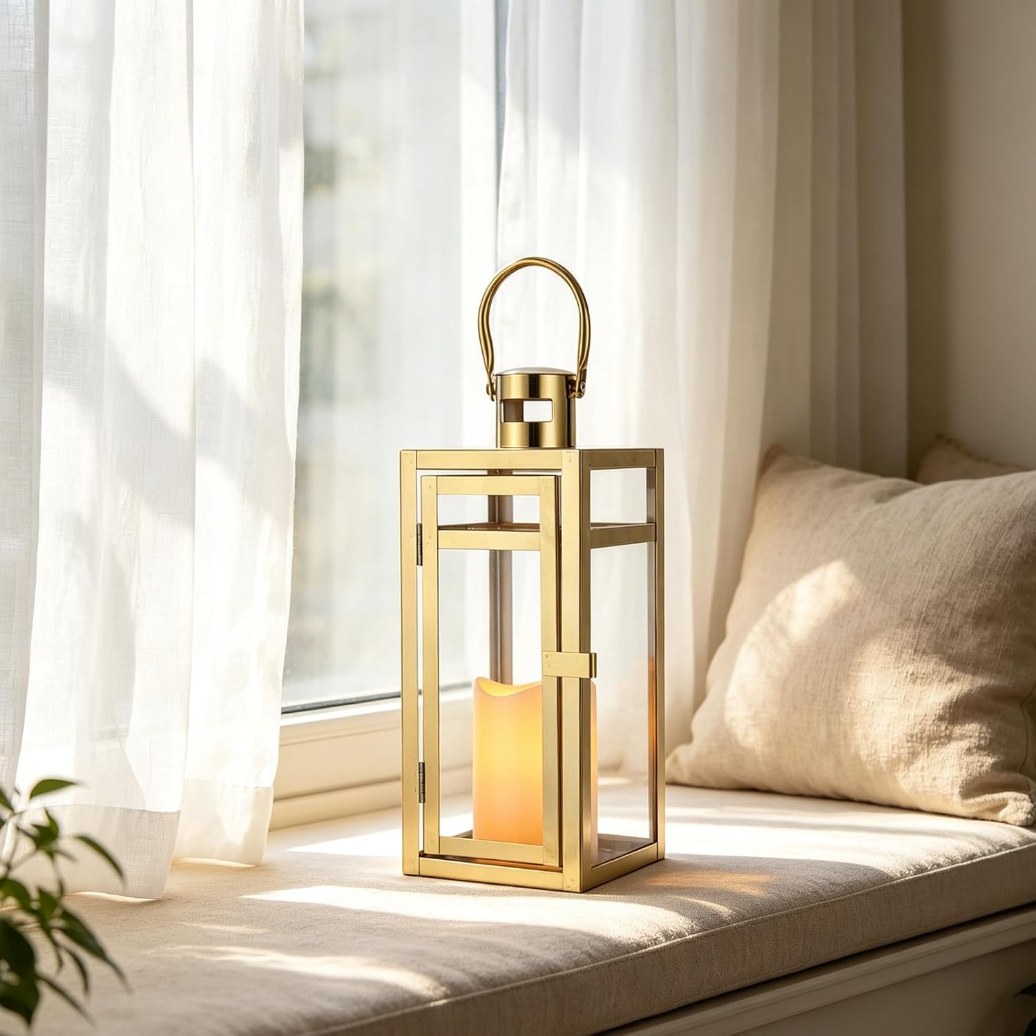 TRIROCKS Stainless Steel Decorative Lantern 12'' High Metal Candle Holder Outdoor Candle Lantern with Tempered Glass