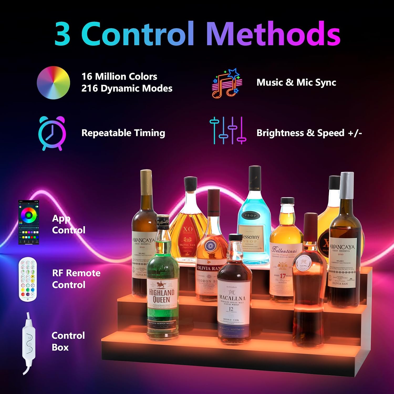 Led Lighted Liquor Bottle Display Shelf, 24 Inch 3 Tier Whiskey Rack, Support USB, Bar Stand with RF Remote & App