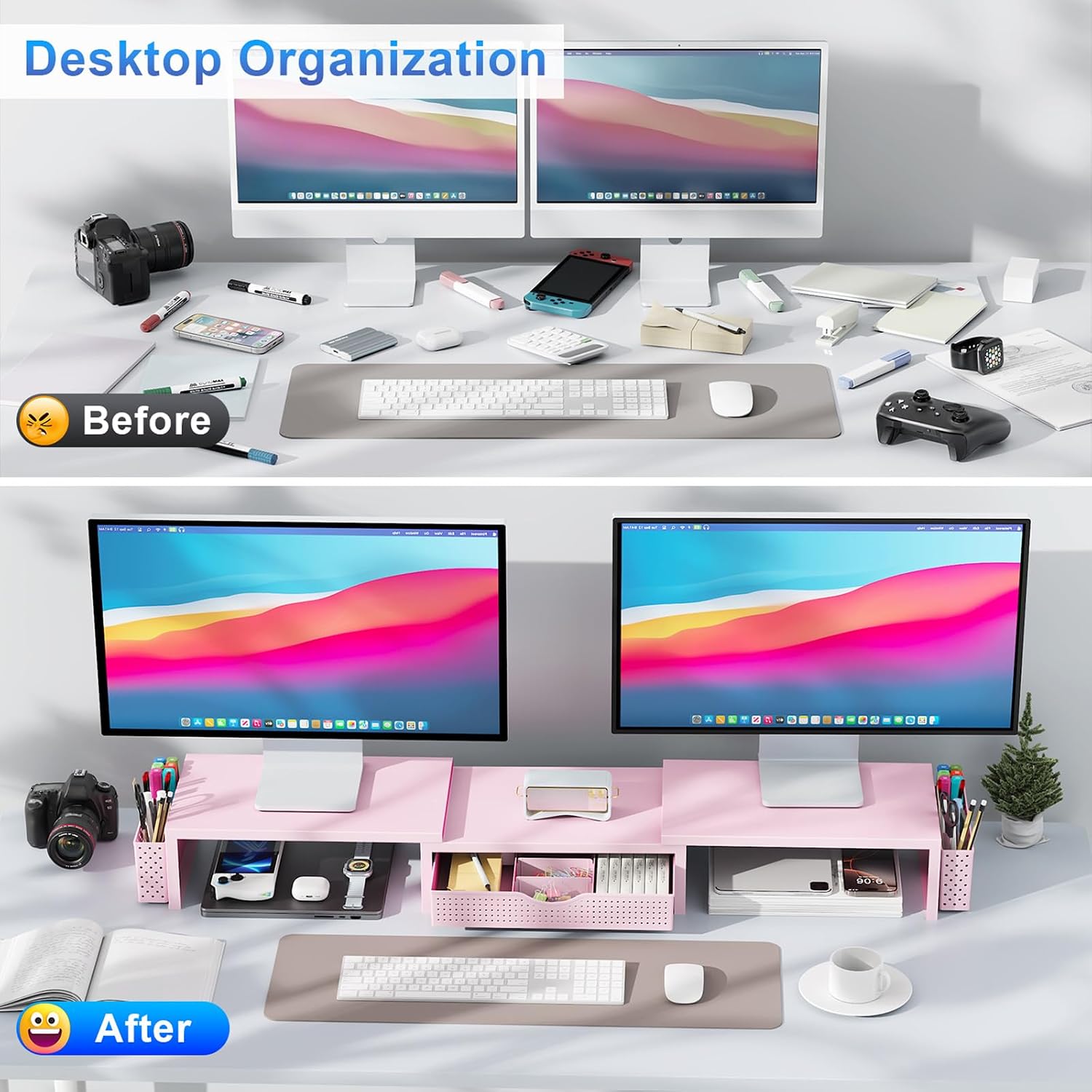 gianotter Dual Monitor Stand Riser With Drawer and 2 Pen Holders | Computer Monitor Stand Desk Organizer and