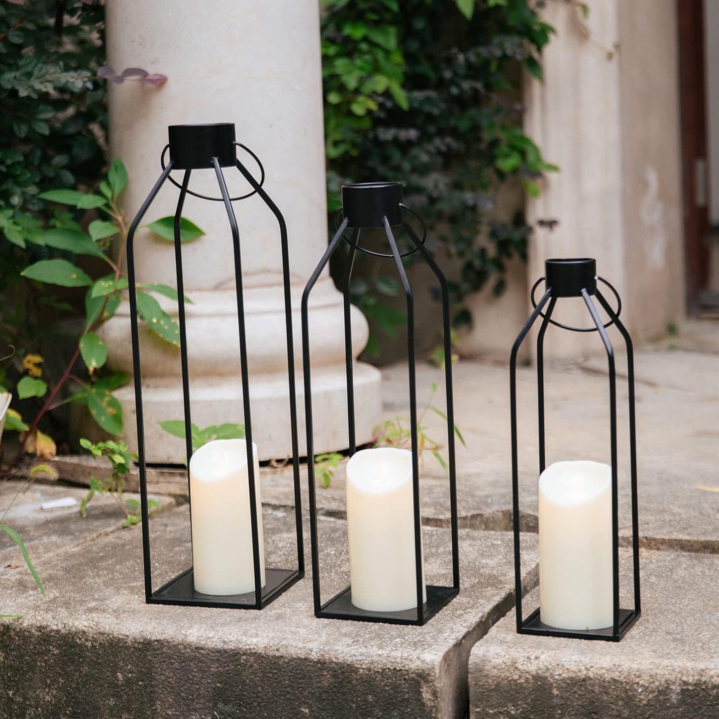 HPC Decor 22'' 19'' 16'' Lanterns Decorative w/Flickering Timer Candles- Tall Large Black Metal Candle Lanterns Set of