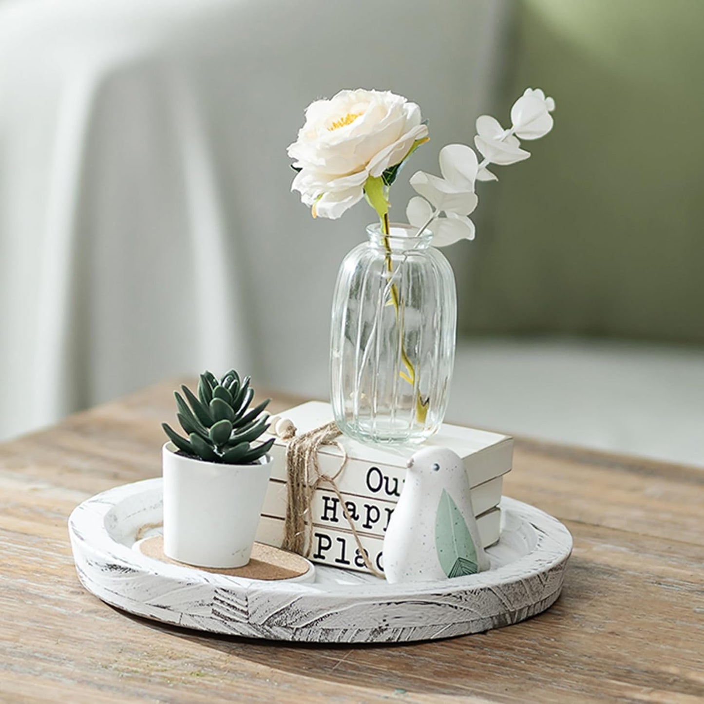 Round Wood Decorative Candle Plate / White Rustic