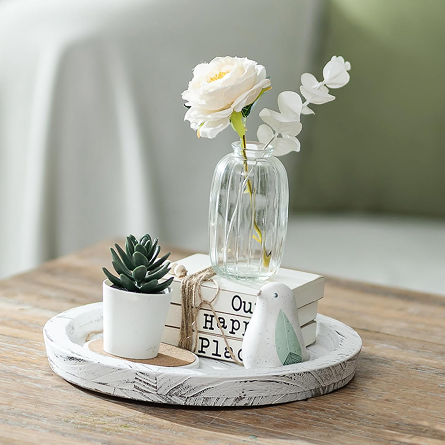 Round Wood Decorative Candle Plate / White Rustic