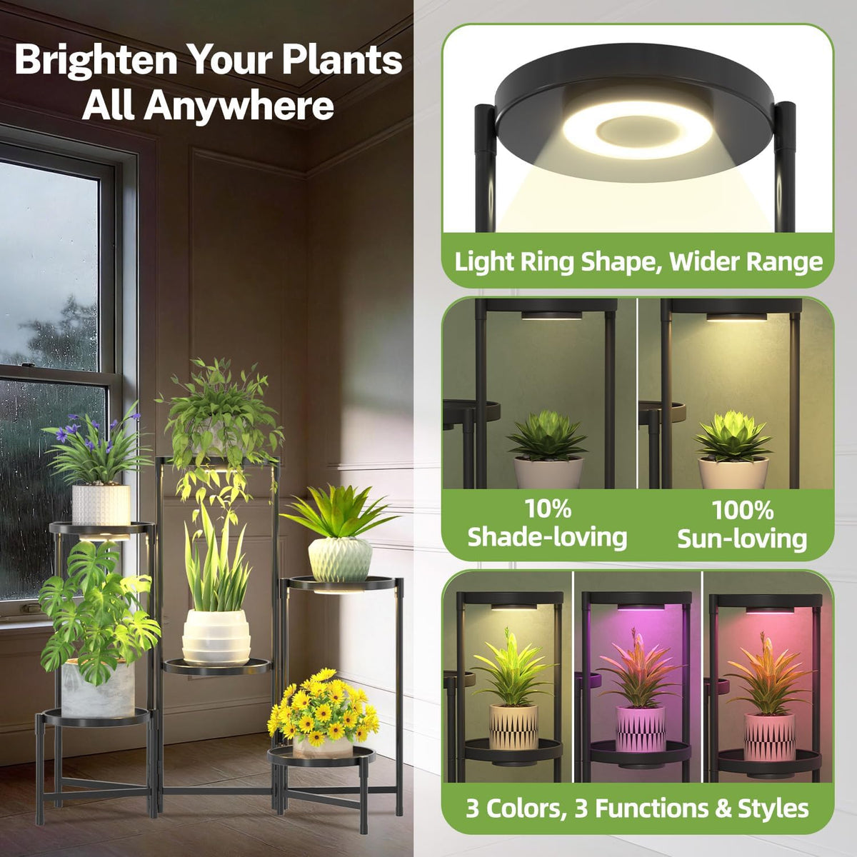 iDavosic.ly 6 Tier Large Plant Stand with Grow Light, 10 Inch Tray, Black | Tiered Metal Corner Heavy Duty Multiple